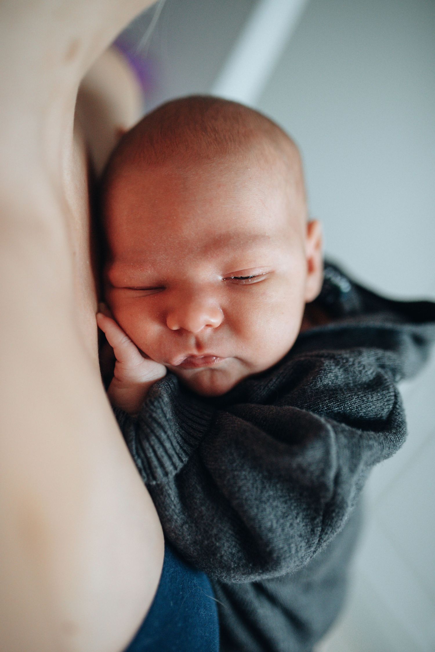 Sleeping newborn wrapped in dark gray knit blanket during portrait session.