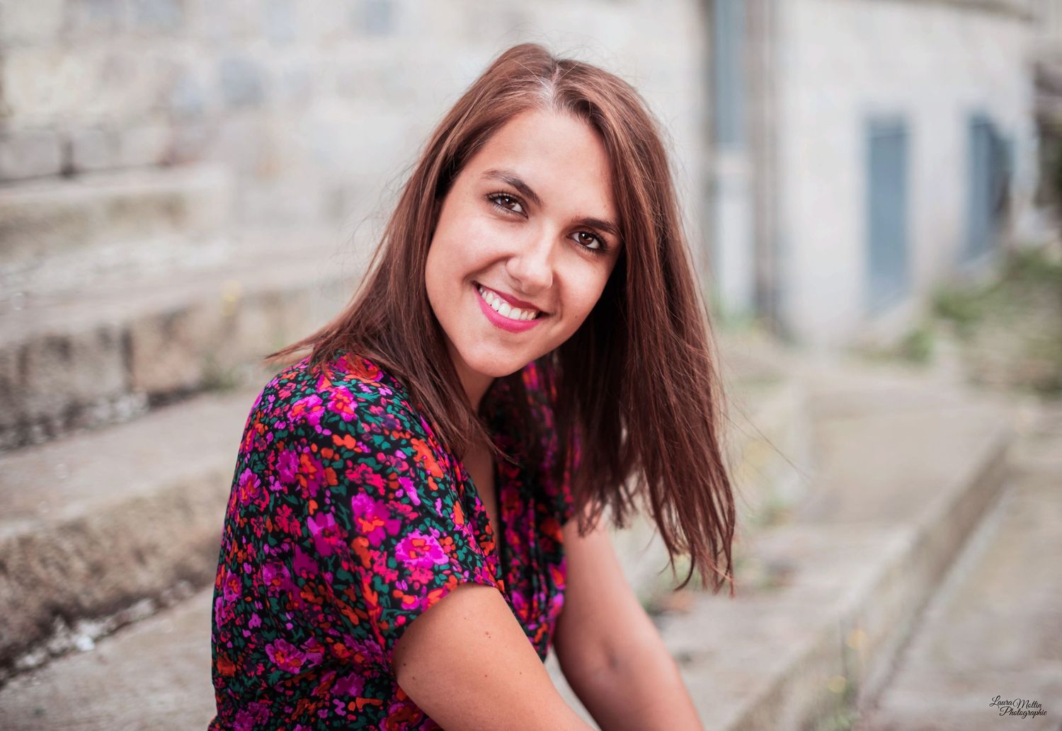 A series of outdoor portrait photos featuring floral patterns and natural lighting.