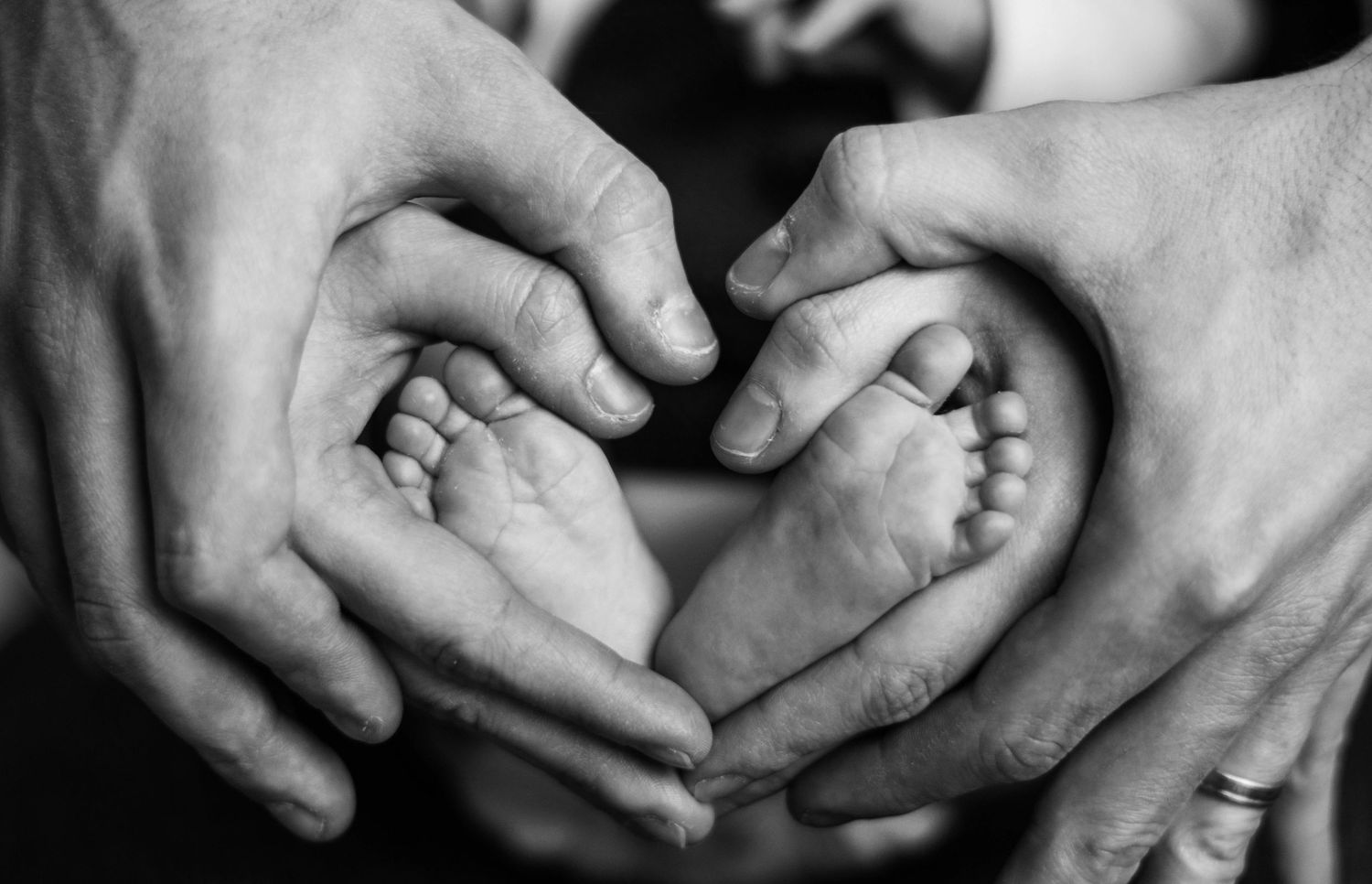 Close-up black and white images of tiny baby feet and hands.