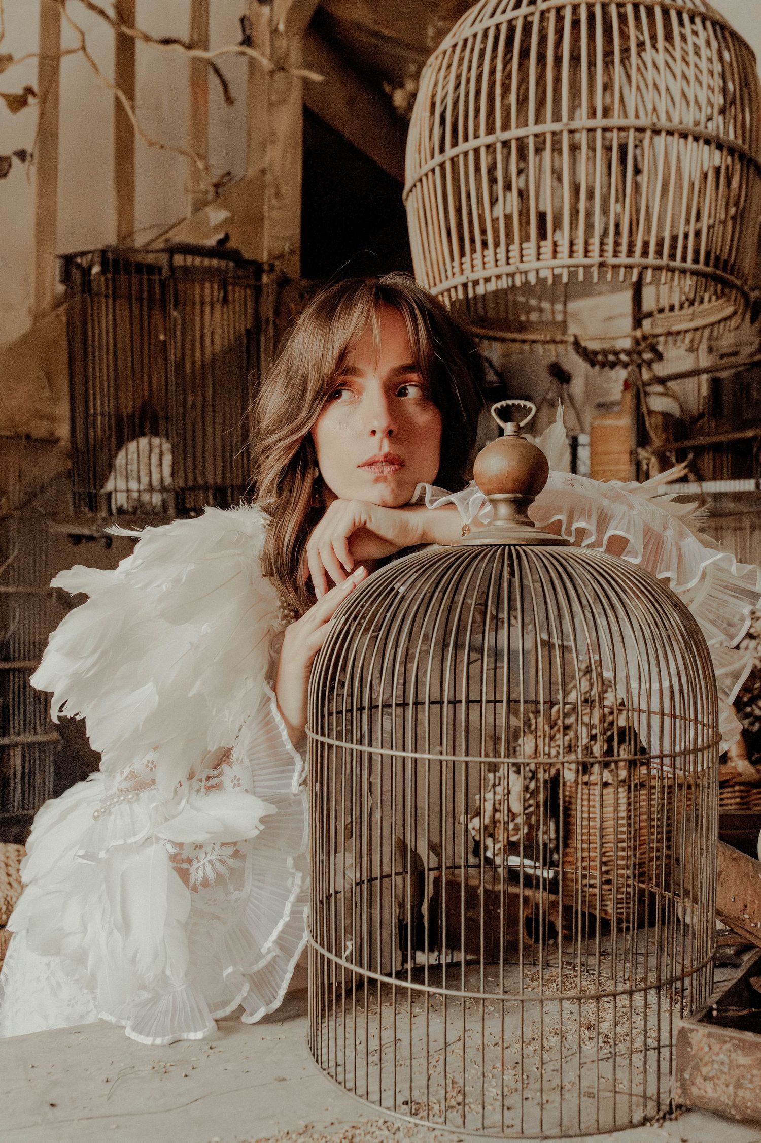 Vintage-inspired portrait with ornate bird cages and white ruffled collar.