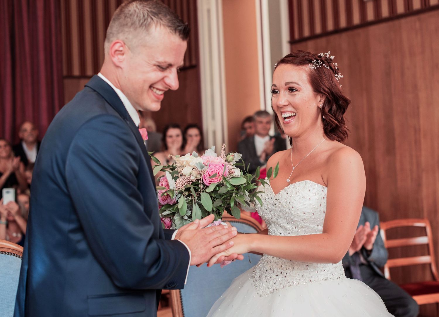 A romantic wedding dance sequence showing tender moments between a couple in formal attire.