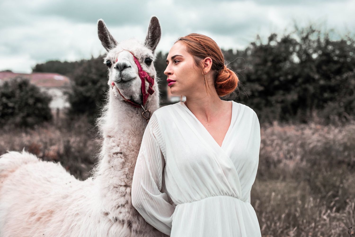 Ethereal outdoor photoshoot with flowing white dress and natural scenery.