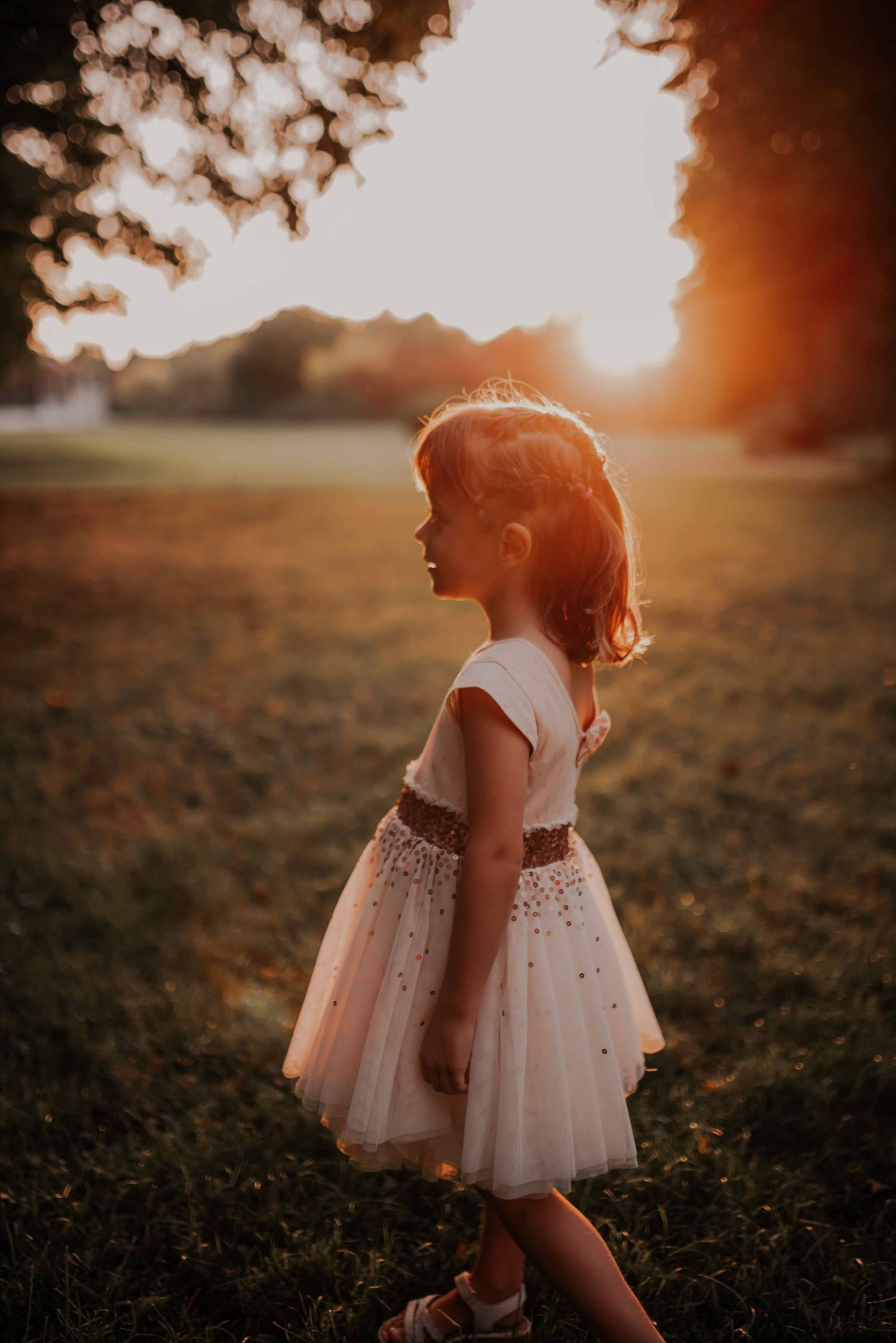 Ethereal sunset portraits of girl in white tulle dress in golden field.