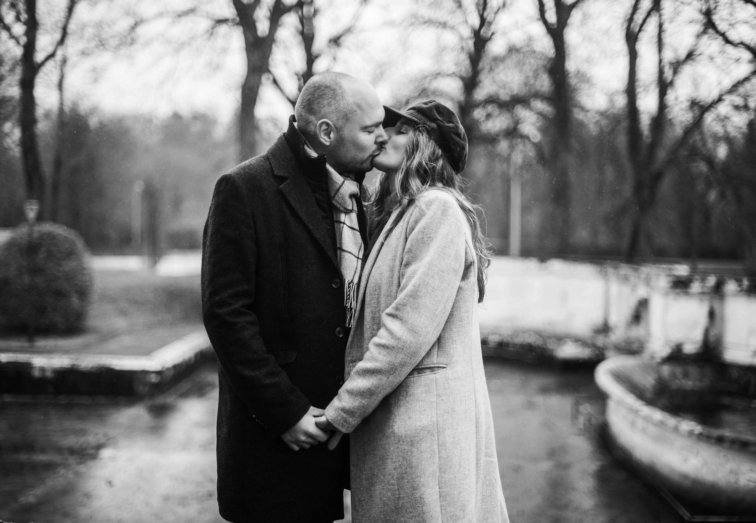 Winter engagement photoshoot sequence showing couple in romantic poses.