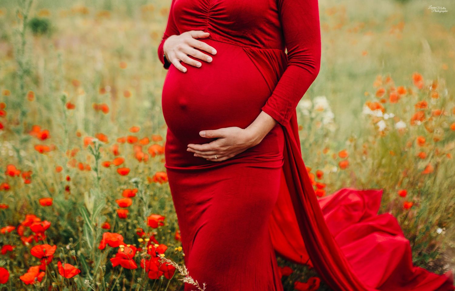 Close-up of pregnant belly in flowing red dress among wild poppies.