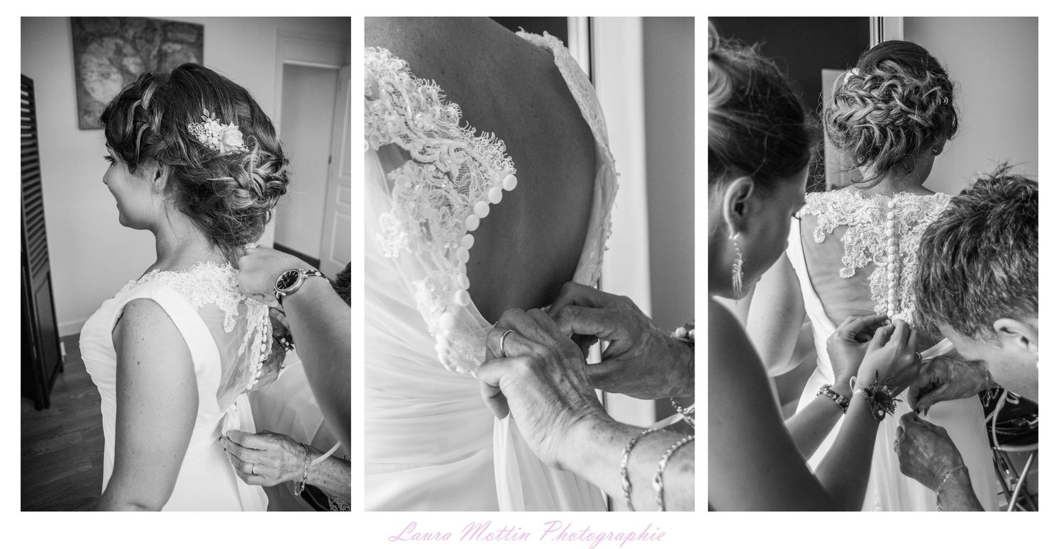 Triptych of wedding preparation moments showing dress details and styling.