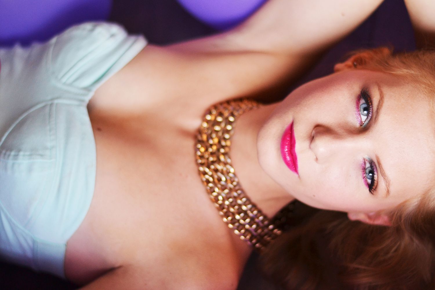 Series of glamour portraits with purple lighting effects and dramatic poses.