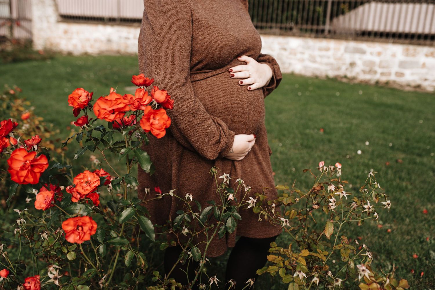 A brown sweater-clad figure stands beside vibrant orange roses blooming in a garden.