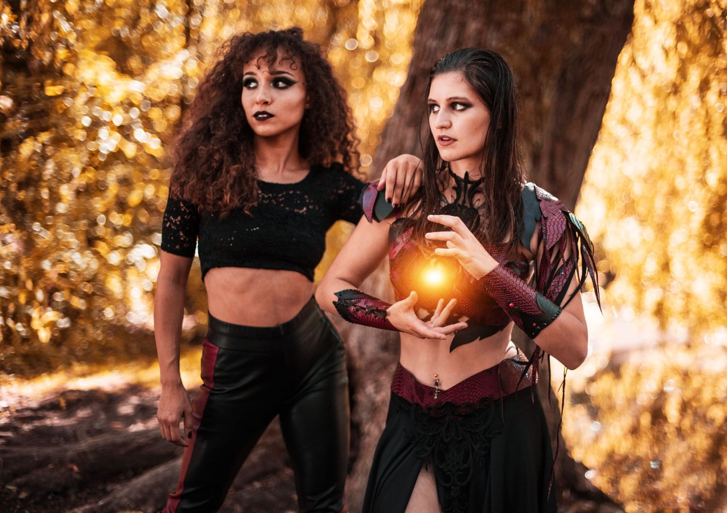 Atmospheric fantasy portraits with golden lighting and magical forest elements.