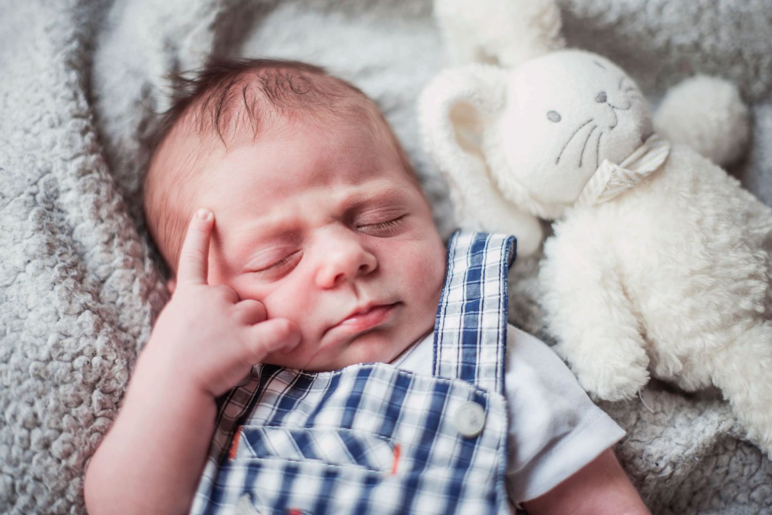 Sleeping newborn surrounded by plush toys on checkered fabric.