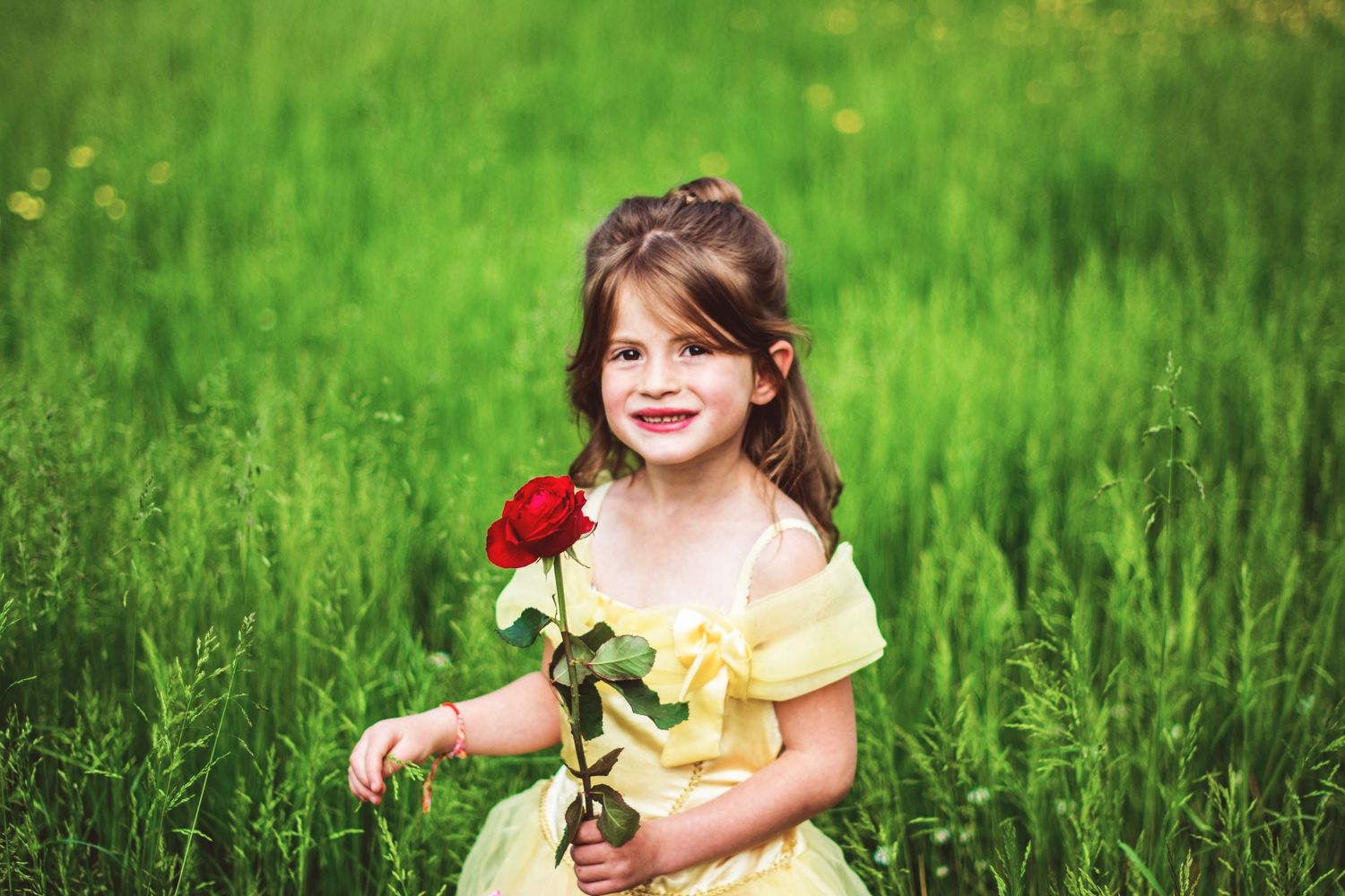 Little girl in yellow dress holding a red rose in a lush green field.