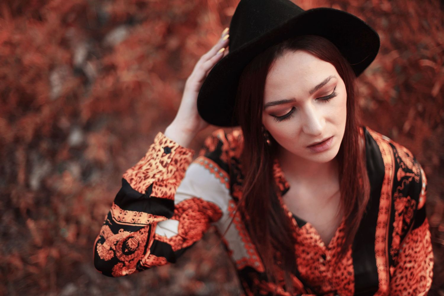 Artistic portrait series with autumn tones and vintage styling.