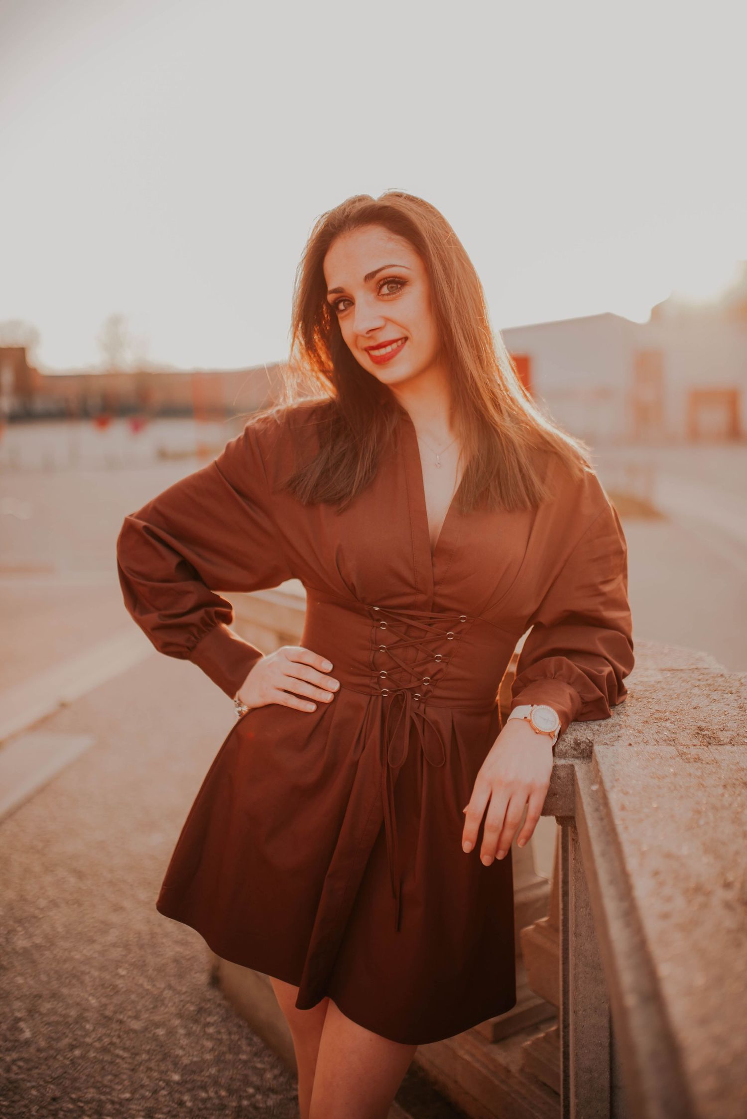 Artistic portrait series at sunset featuring warm brown tones and romantic styling.