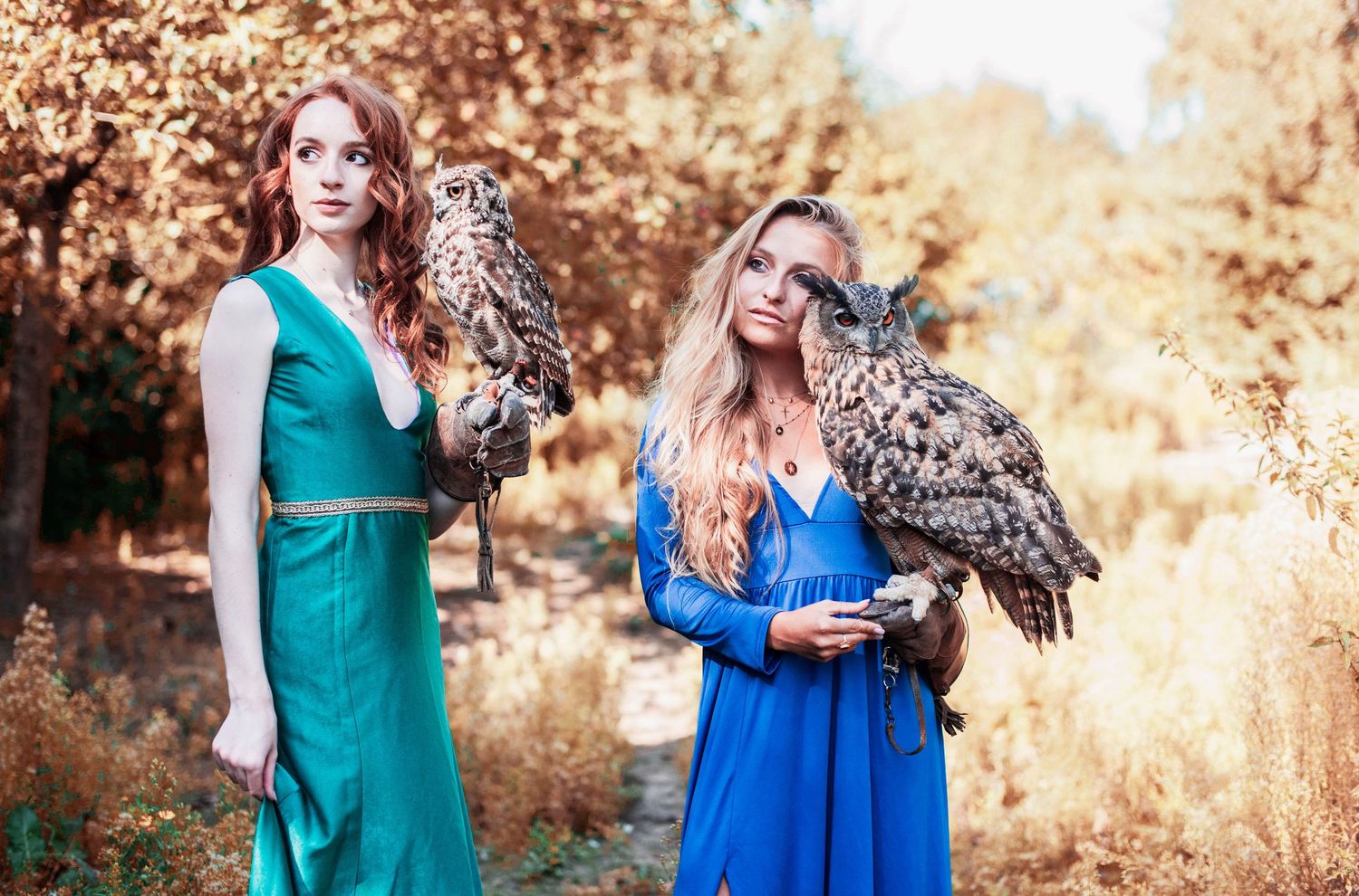 Two women in elegant dresses pose with owls in a dreamy autumn forest setting.