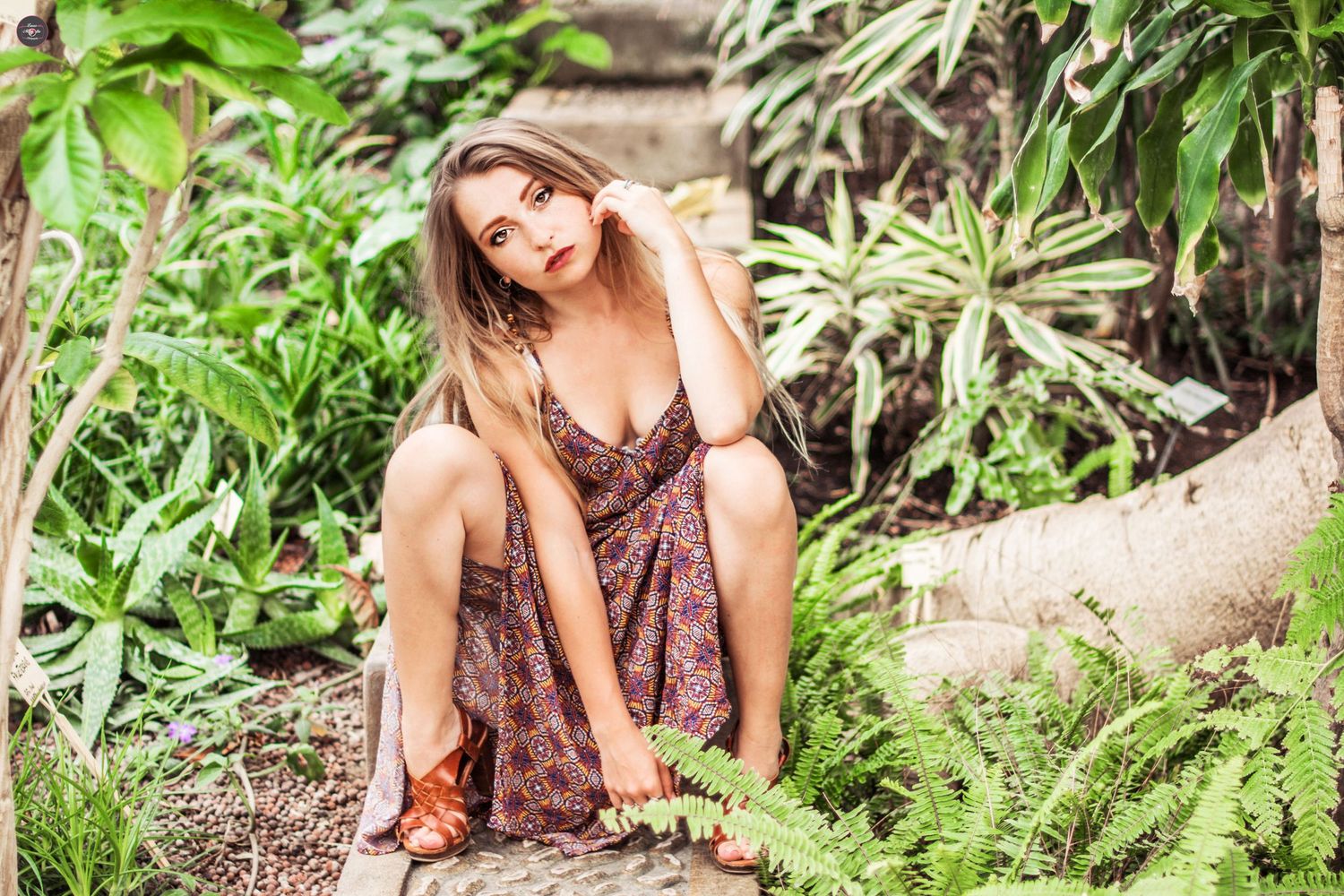 Tropical garden photoshoot with lush green foliage and natural lighting.