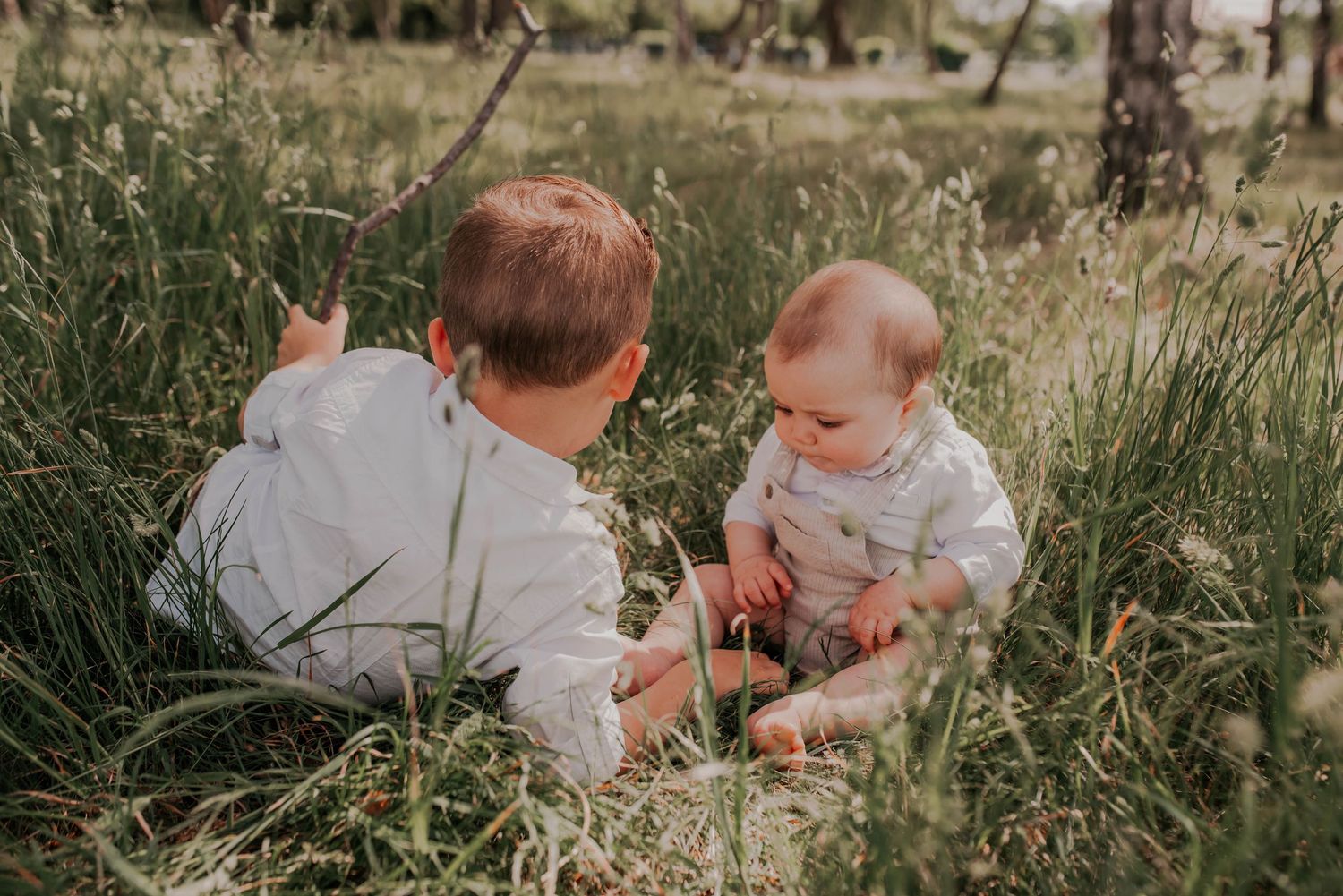 Family members sitting together in a sunlit field with tall grass.