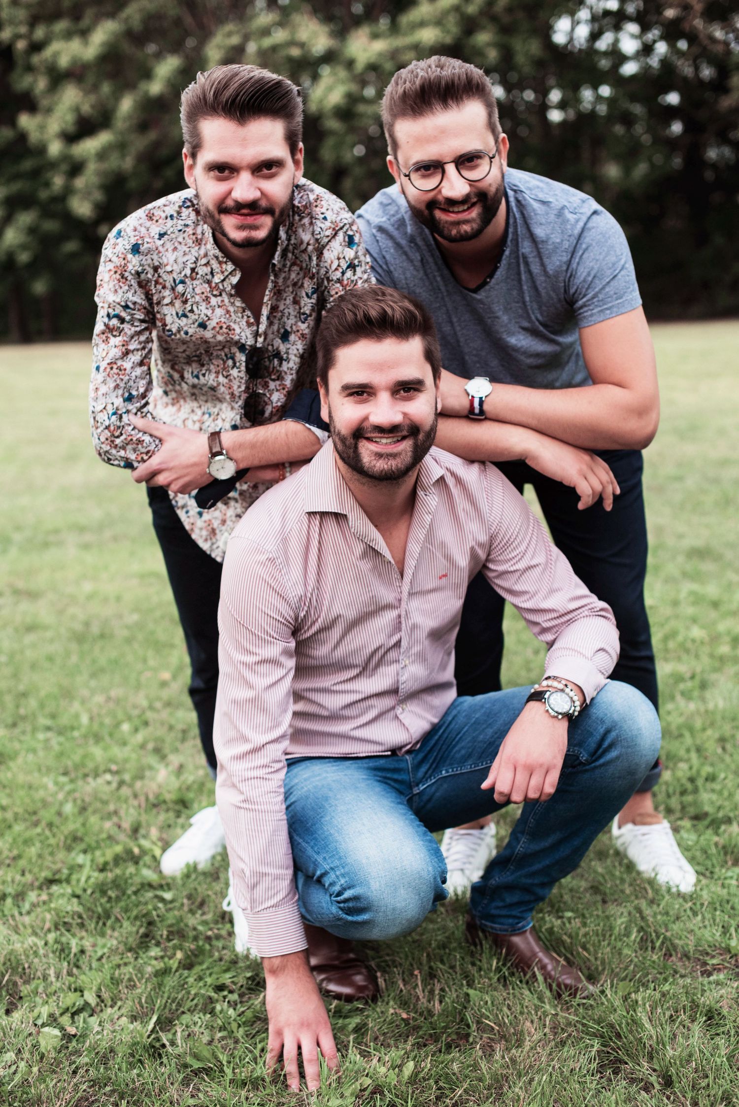 Playful outdoor photo sequence showing friends having fun and laughing together.