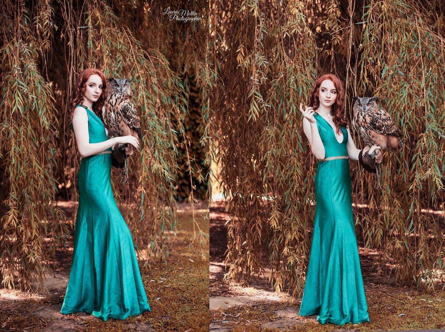 Two elegant shots of a woman in a teal mermaid gown posing with an owl in an autumn forest setting.