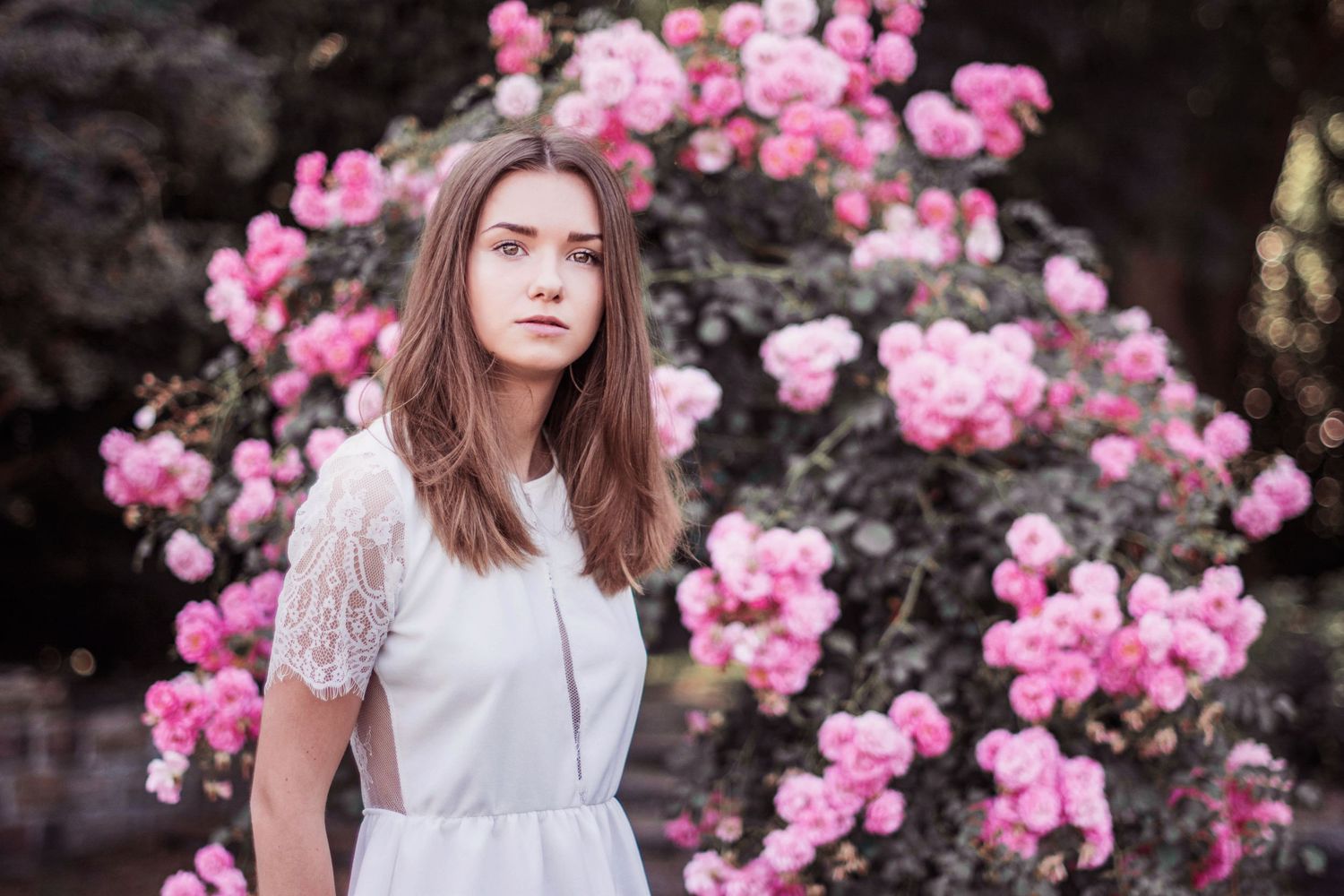 Ethereal portrait against a backdrop of blooming pink roses in a garden setting.
