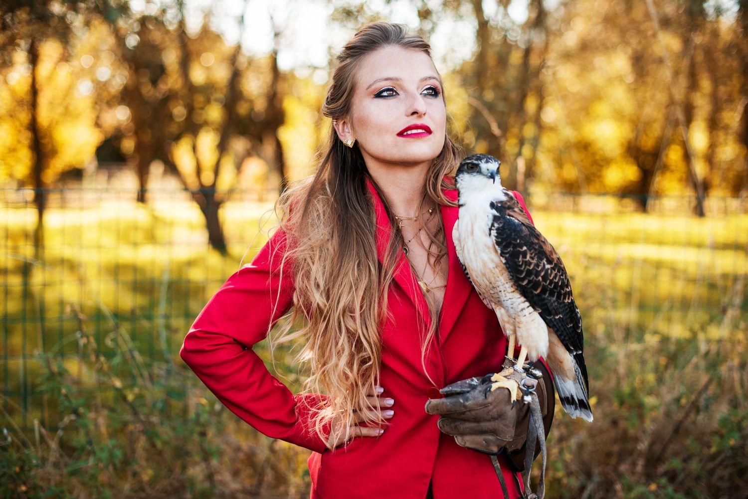 A red-coated figure poses dramatically in an autumn field during golden hour sunset.