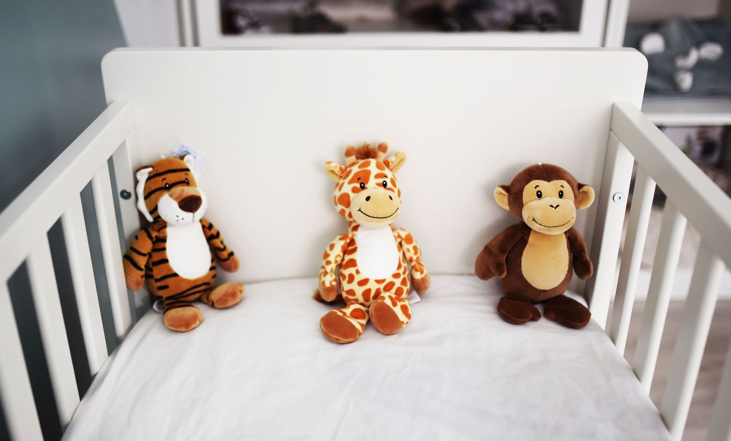 Nursery crib with collection of stuffed animal toys arranged neatly inside.