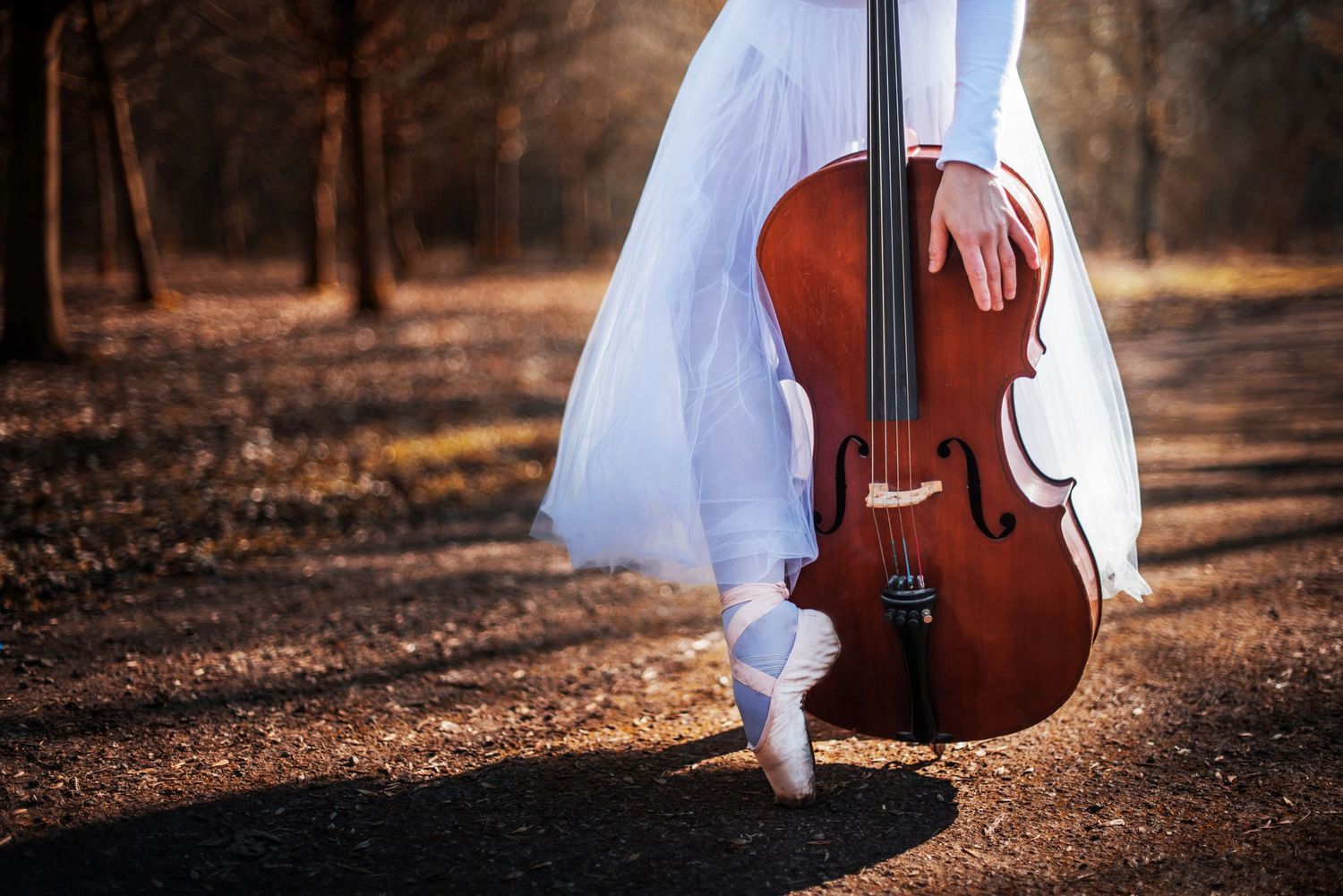 Musical artistry meets dance as a cello rests beside flowing white fabric in dappled sunlight.
