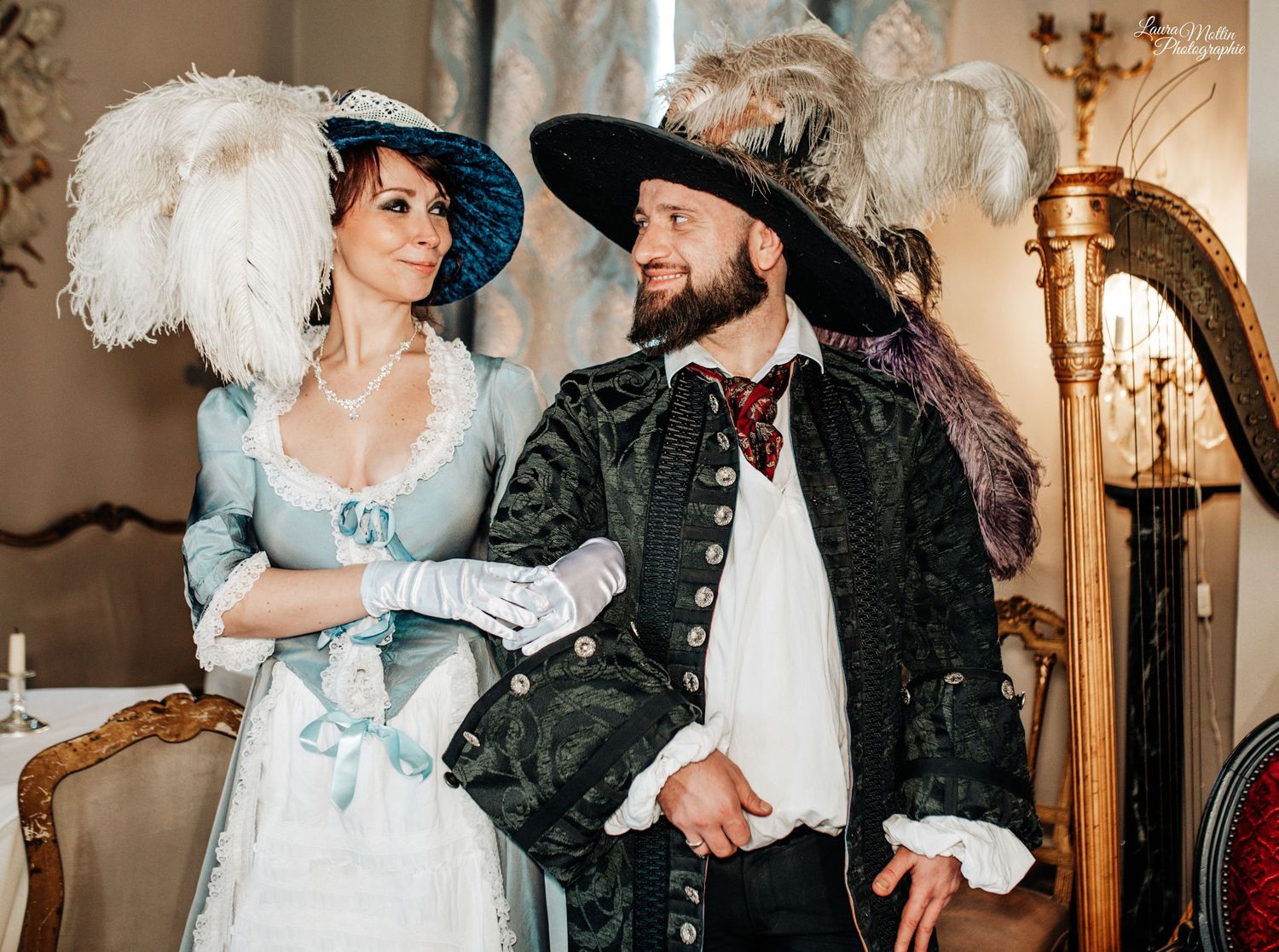 Elegant historical tea party scene with period costumes and ornate decor.