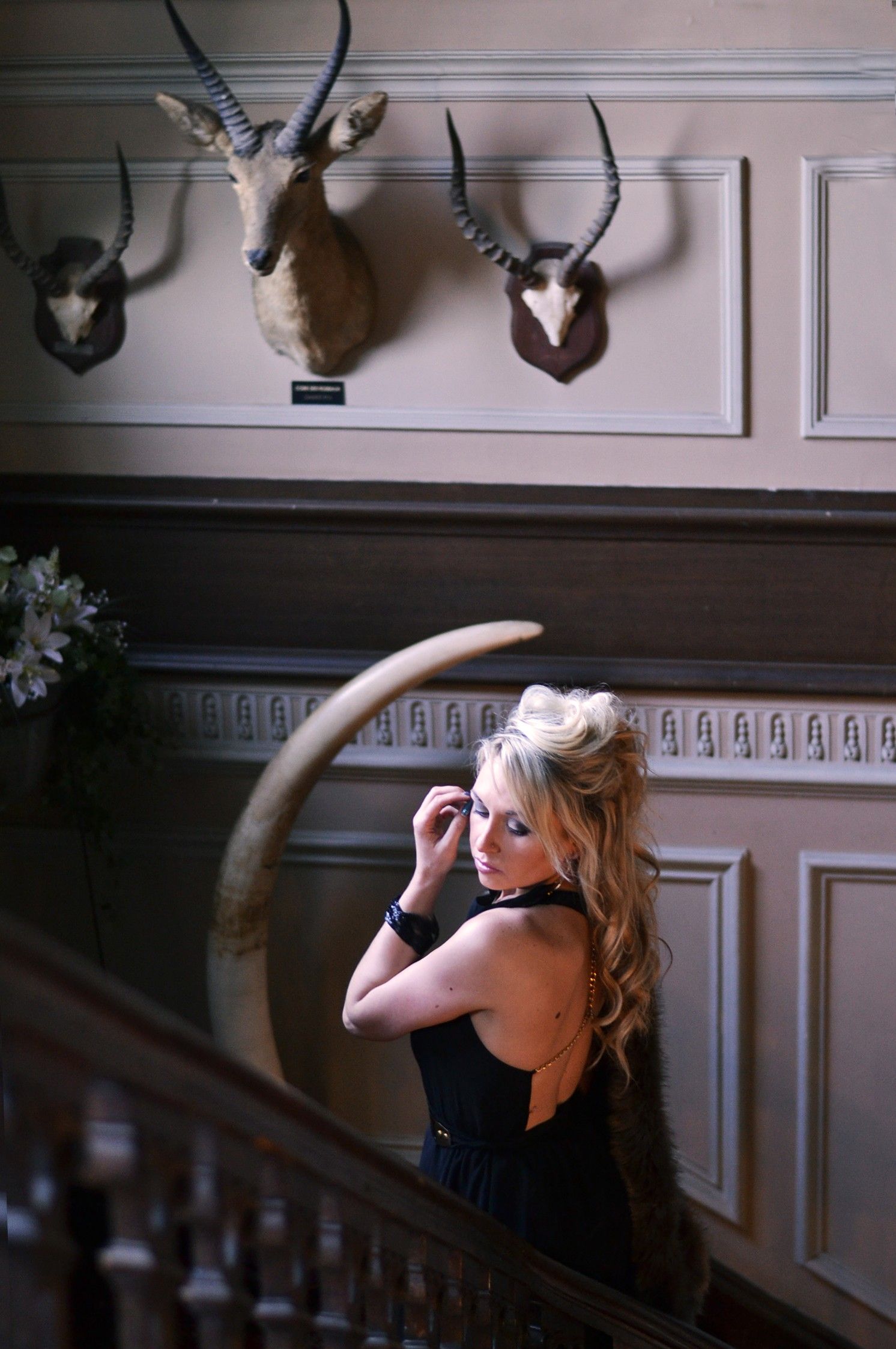 Artistic interior shots with mounted deer heads on gray paneled walls.