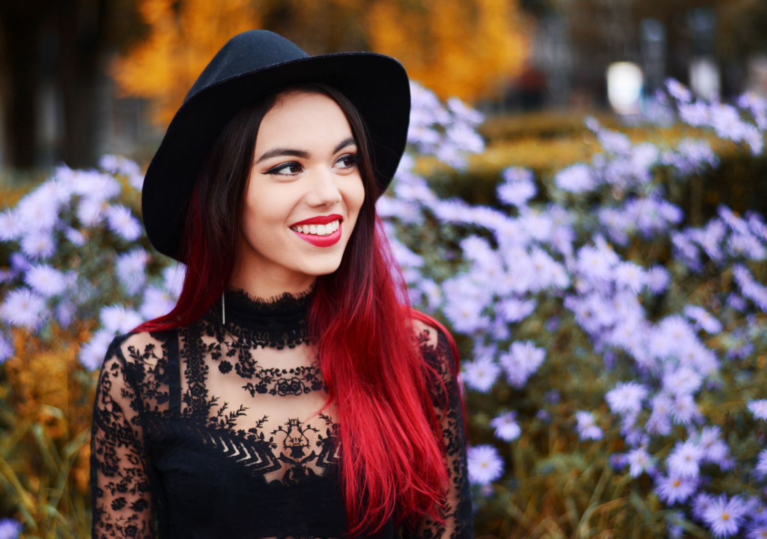 Autumn portrait series with purple flowers and dark gothic styling.