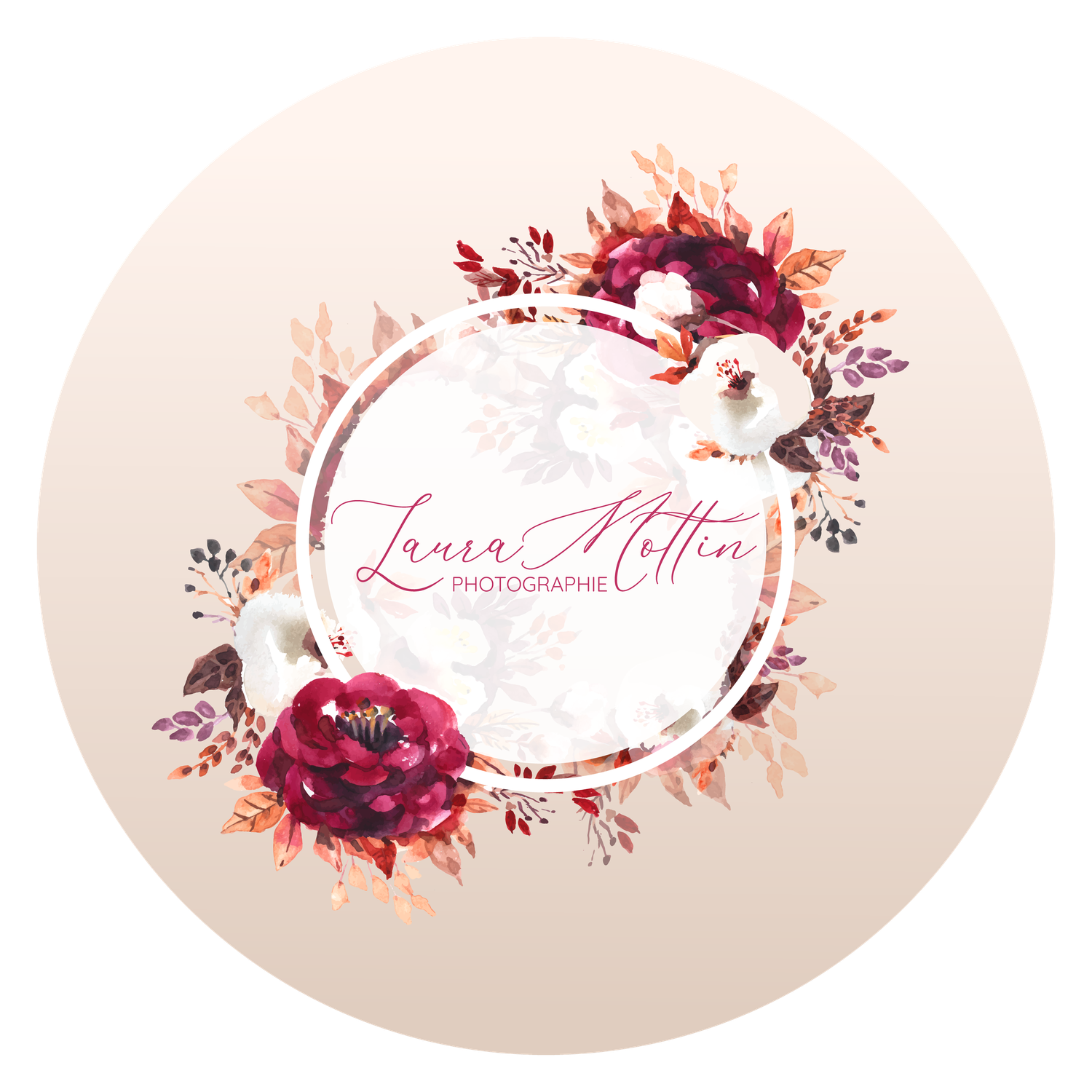 Elegant floral logo design with burgundy flowers and delicate text overlay.