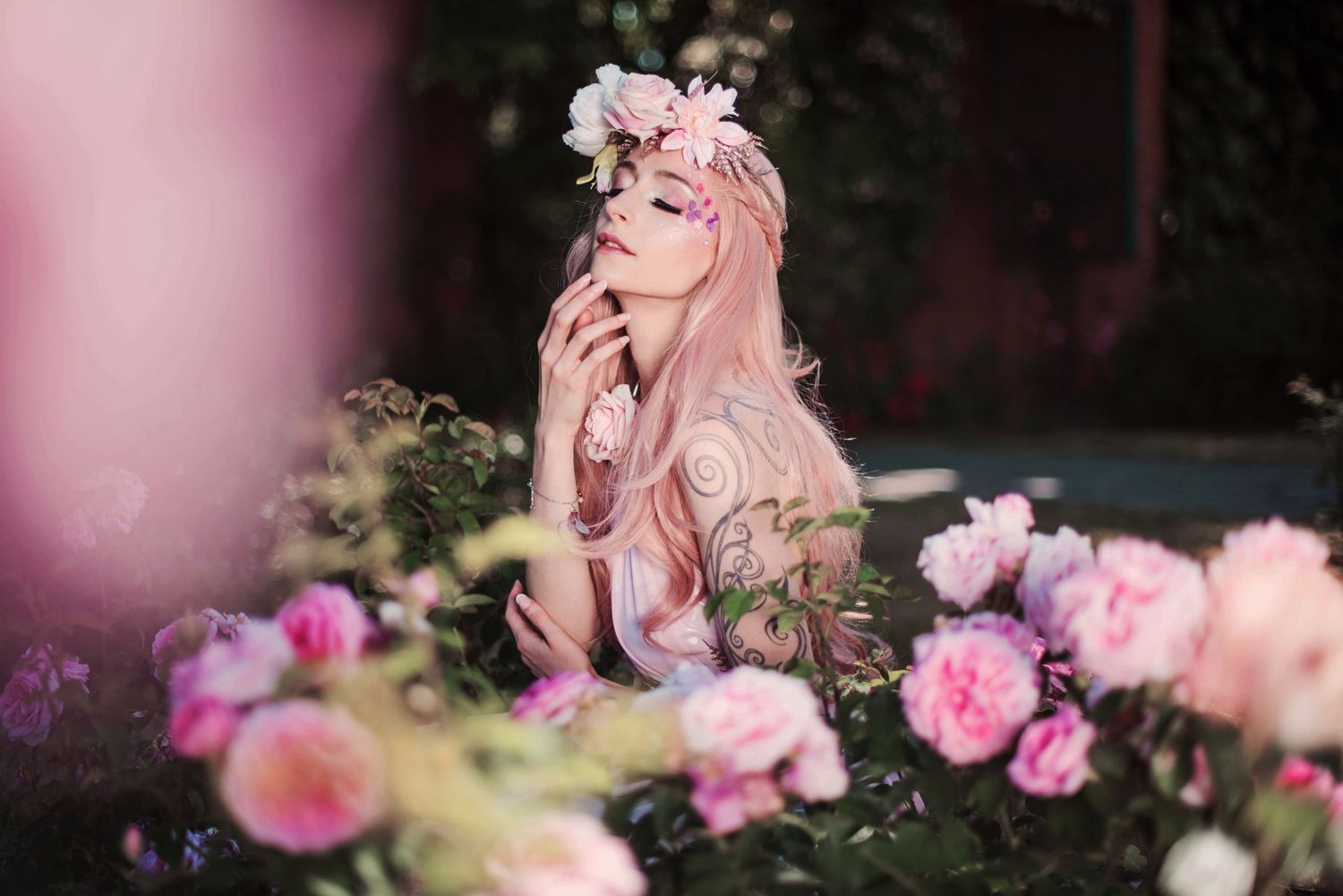 Pink roses bloom against a soft pink bokeh background in a dreamy garden setting.