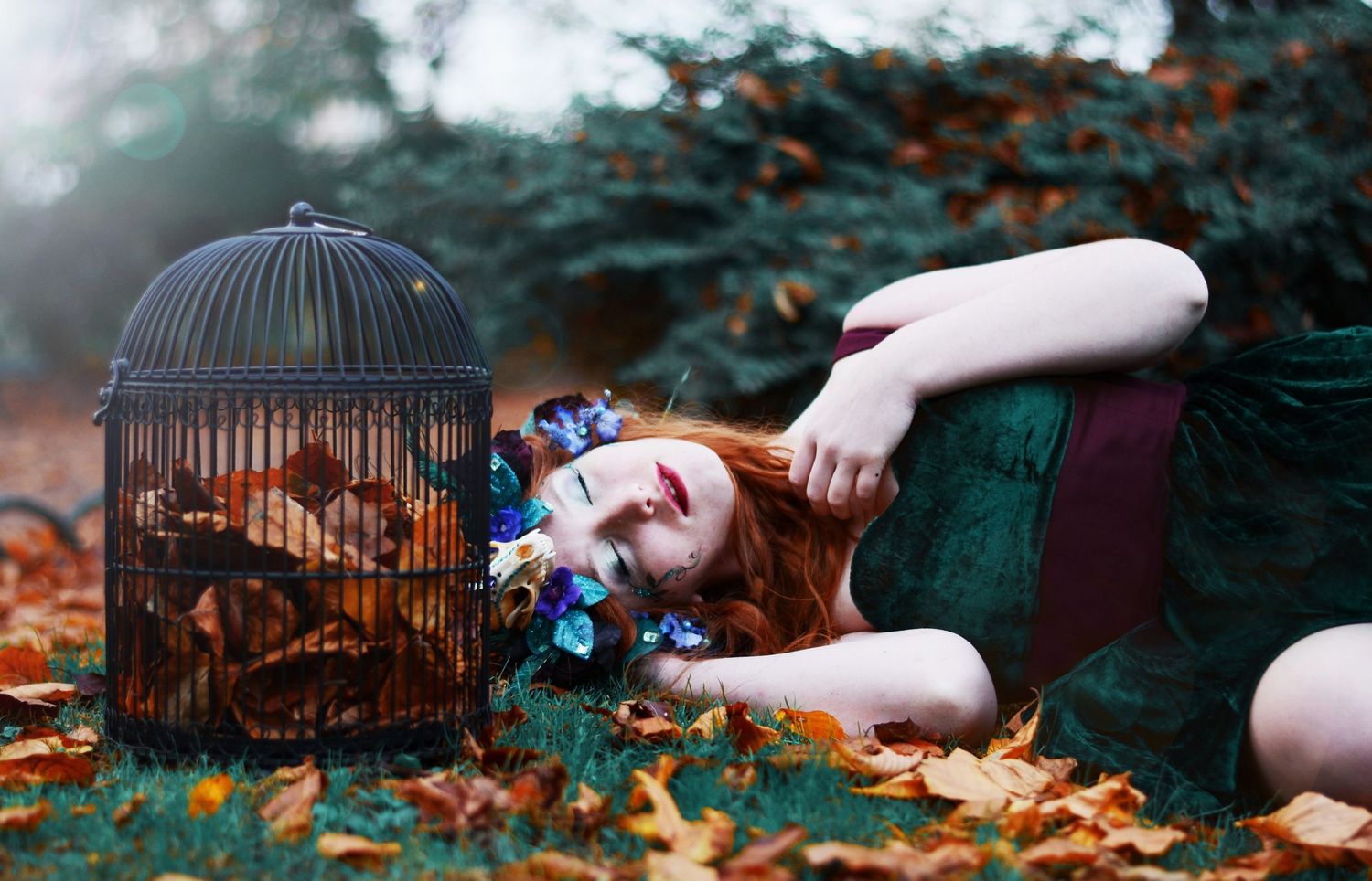 Artistic autumn photography featuring vintage birdcages among fallen leaves.