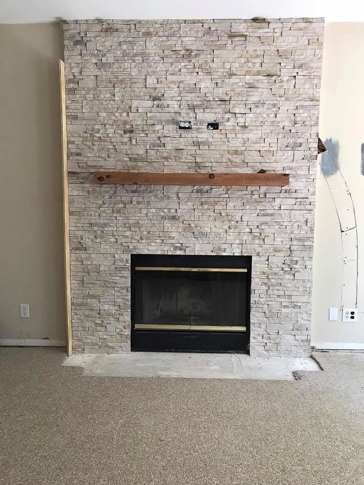 Stacked stone fireplace makeover