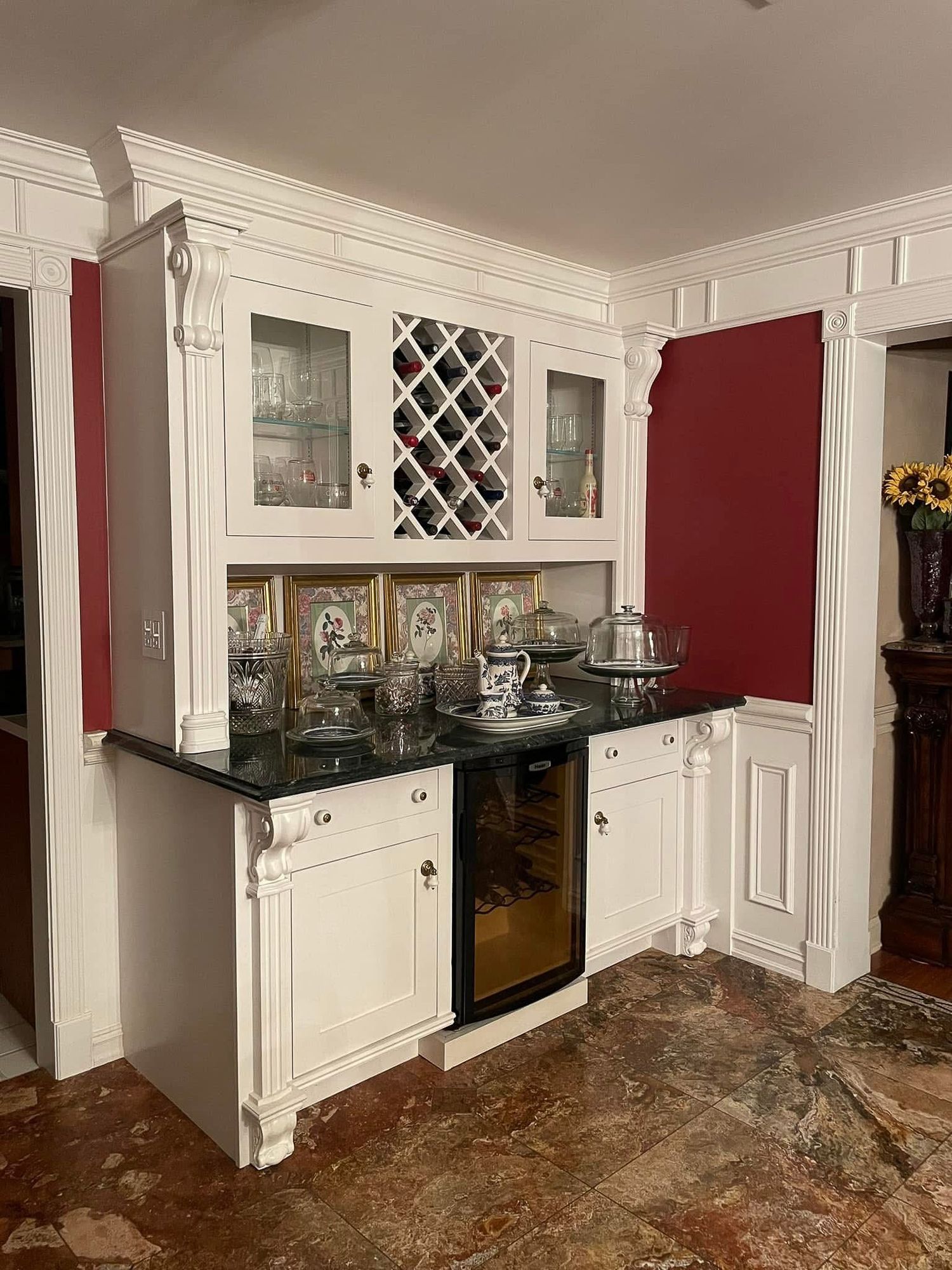 Built in wine rack, wine frig, glass storage