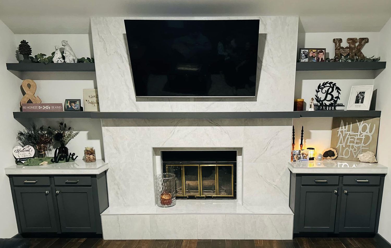Modern fireplace wall with custom storage