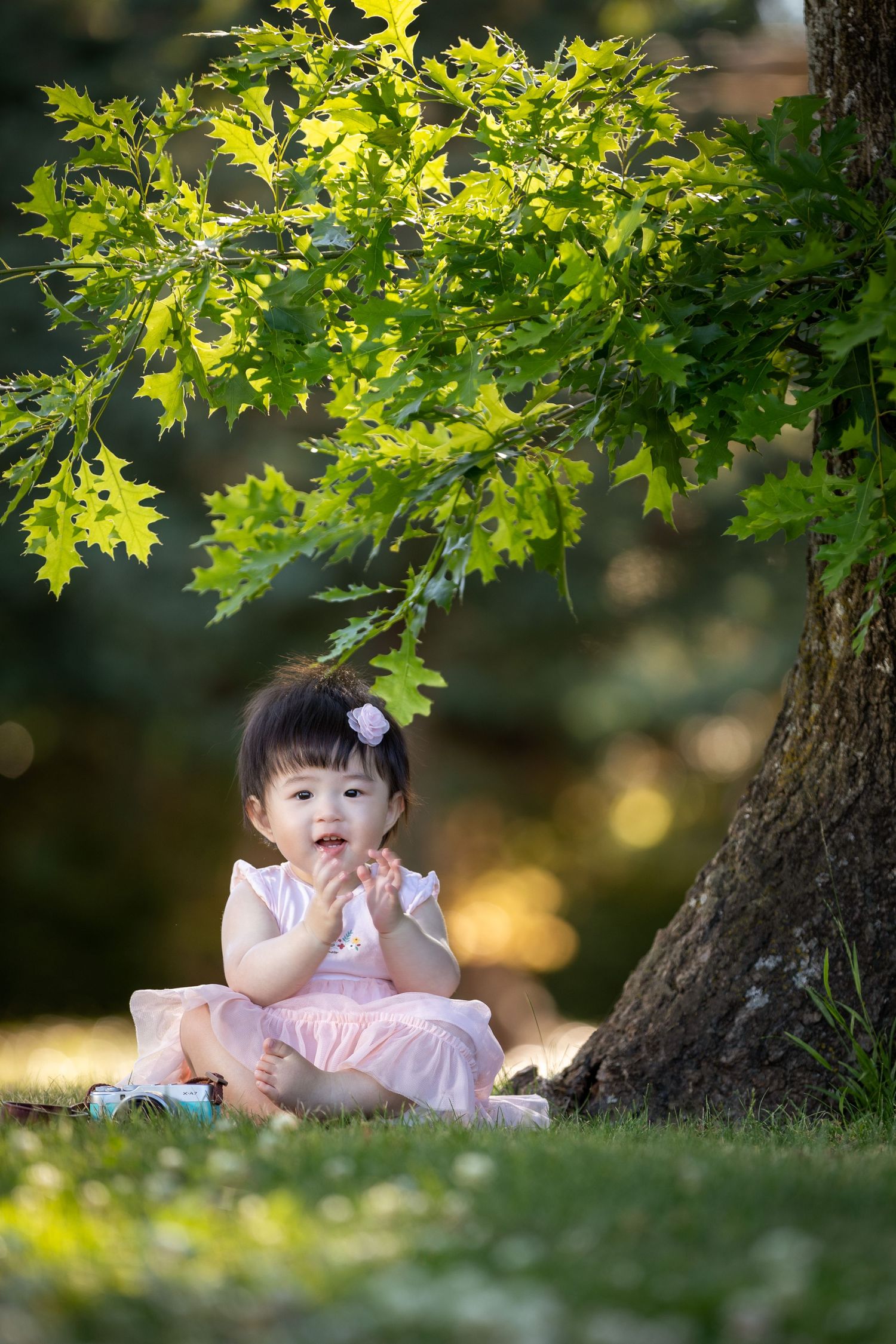 Adorable baby girl in pink dress clapping hands while sitting under a green tree outdoors.