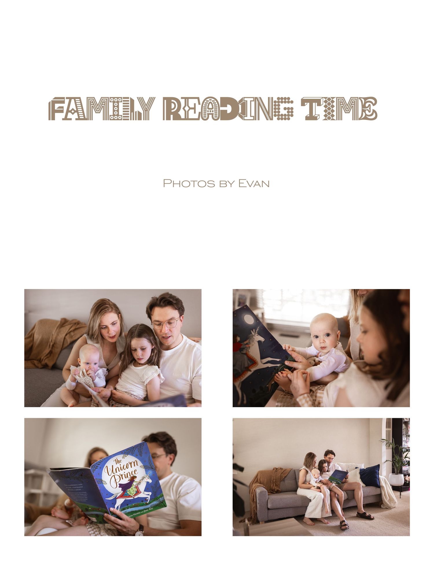 Family reading time photo collage showing parents and children sharing books together in a cozy home setting.