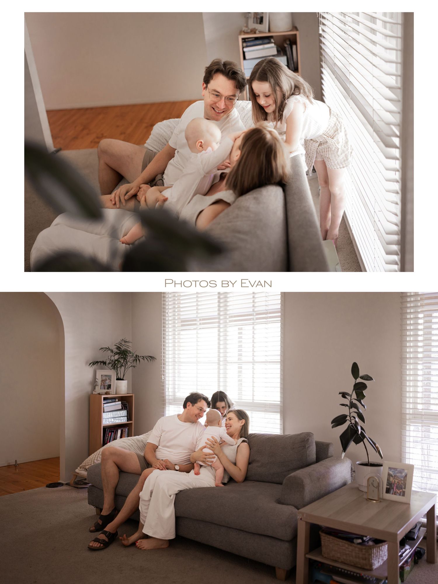 Loving family of four cuddling on a gray sofa by a sunlit window in a warm home setting.