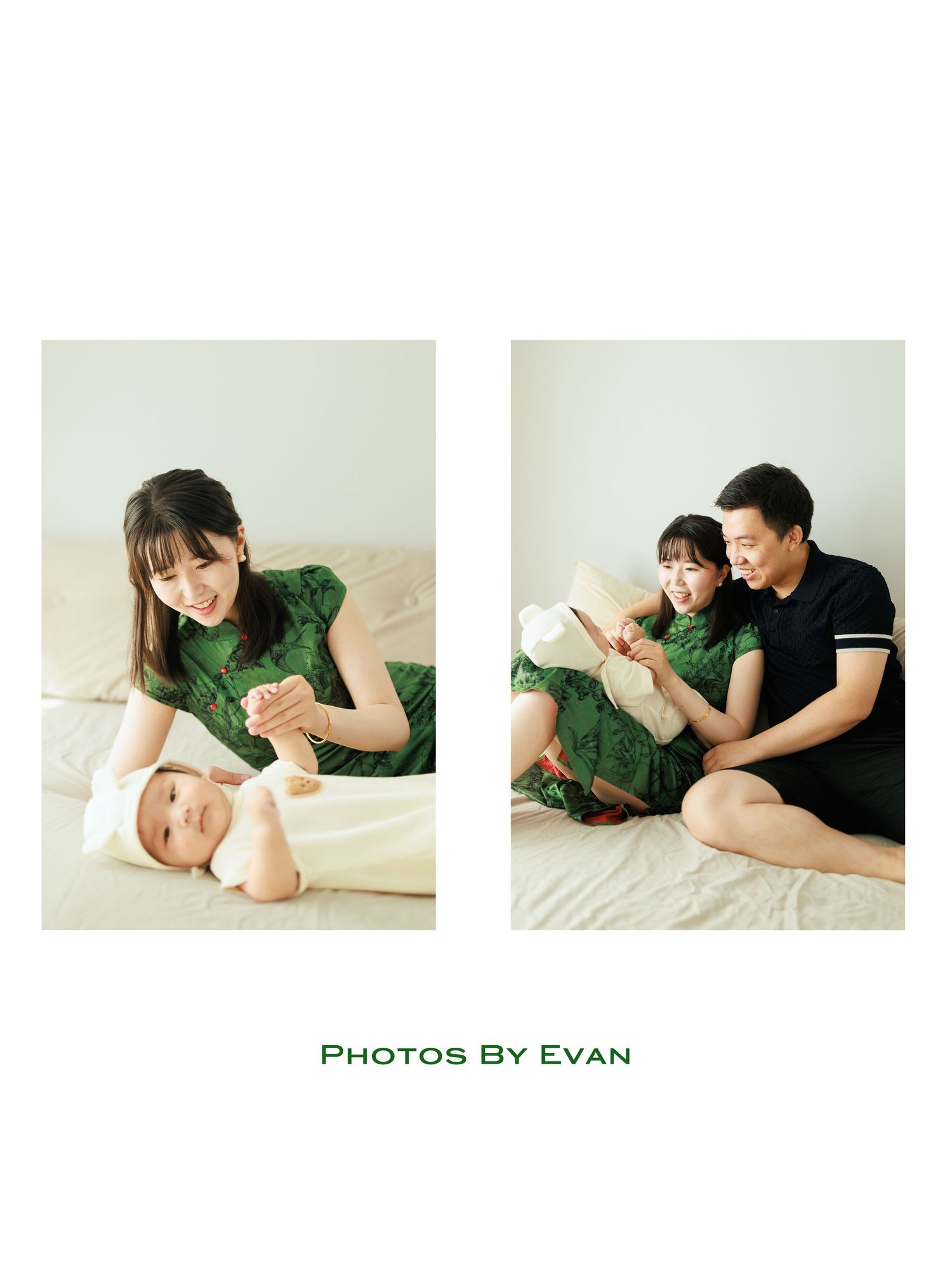 Mother in green qipao playing with baby on bed while father reads nearby, Photos By Evan.