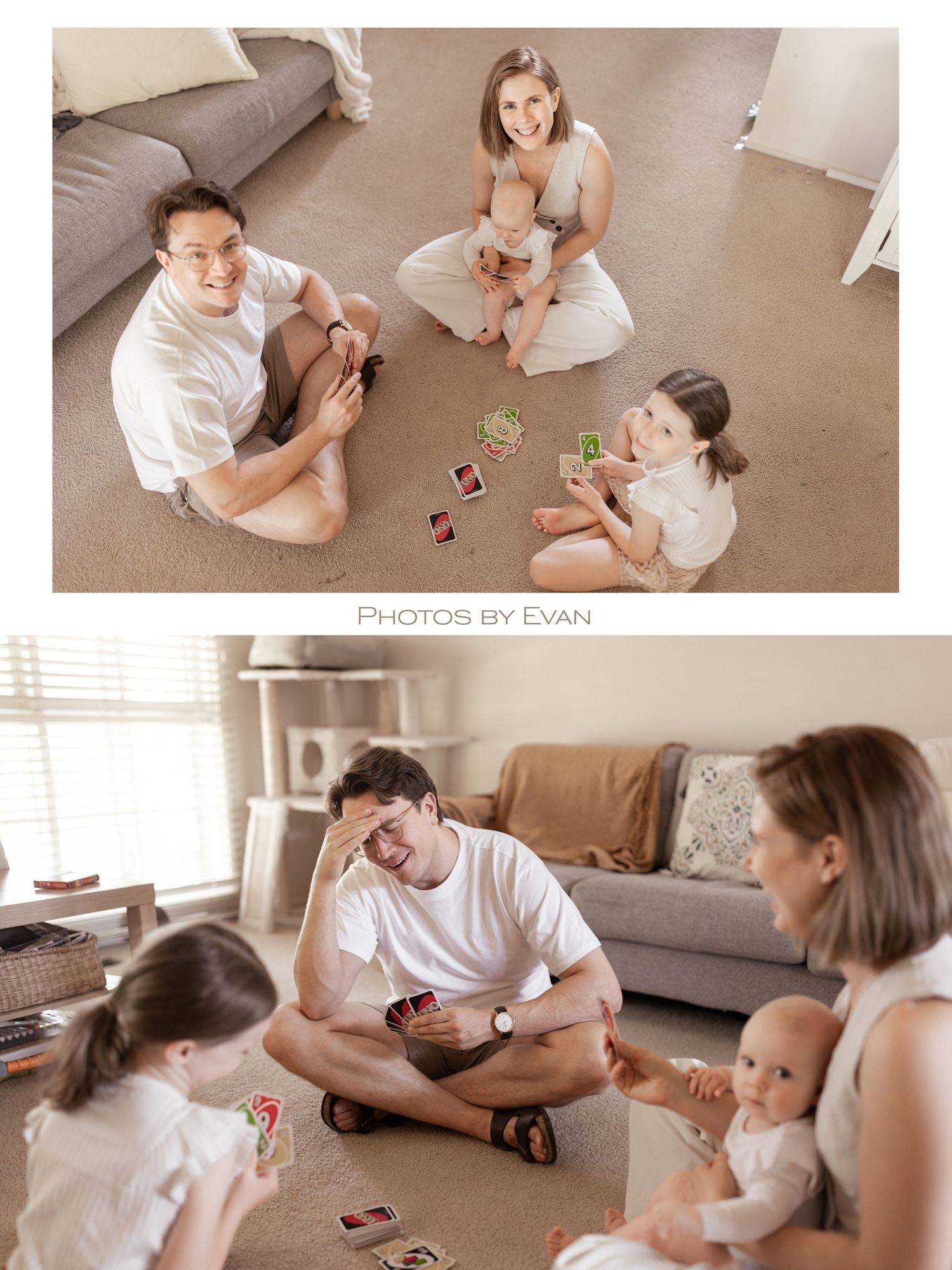 Family playing Uno card game together on the living room floor in a relaxed home setting.