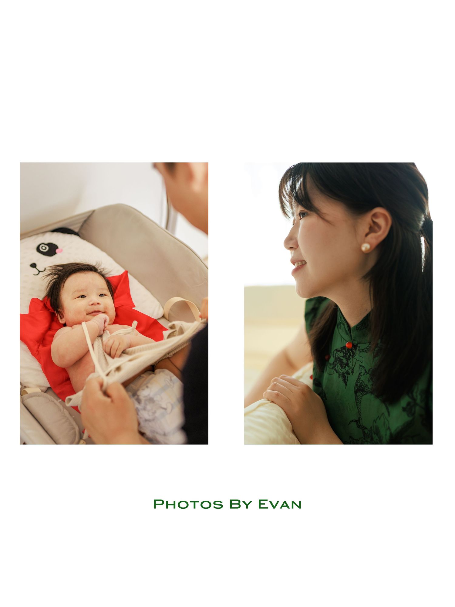 Baby in red outfit in panda bassinet beside mother in green qipao, family photography by Evan.