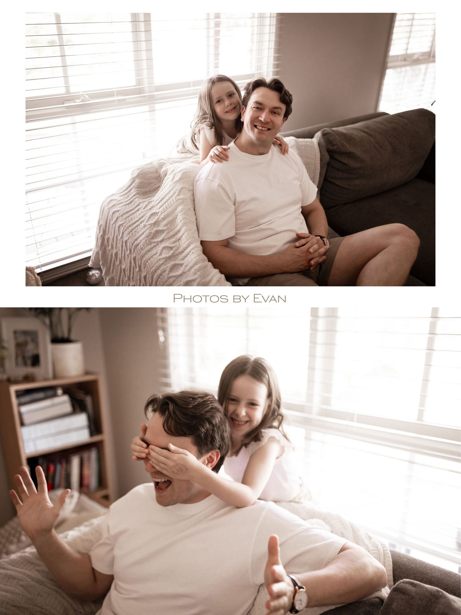 Father and daughter sharing playful candid moments on a cozy sofa in a bright living room.
