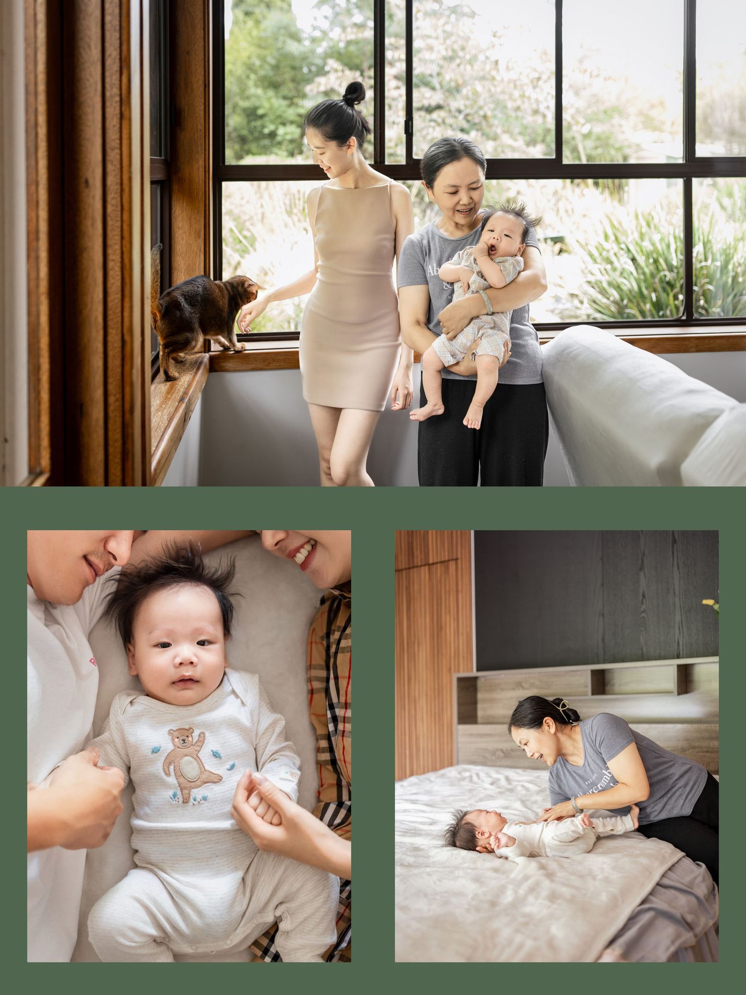 Mother and grandmother smile while holding a baby near large windows with a cat nearby.