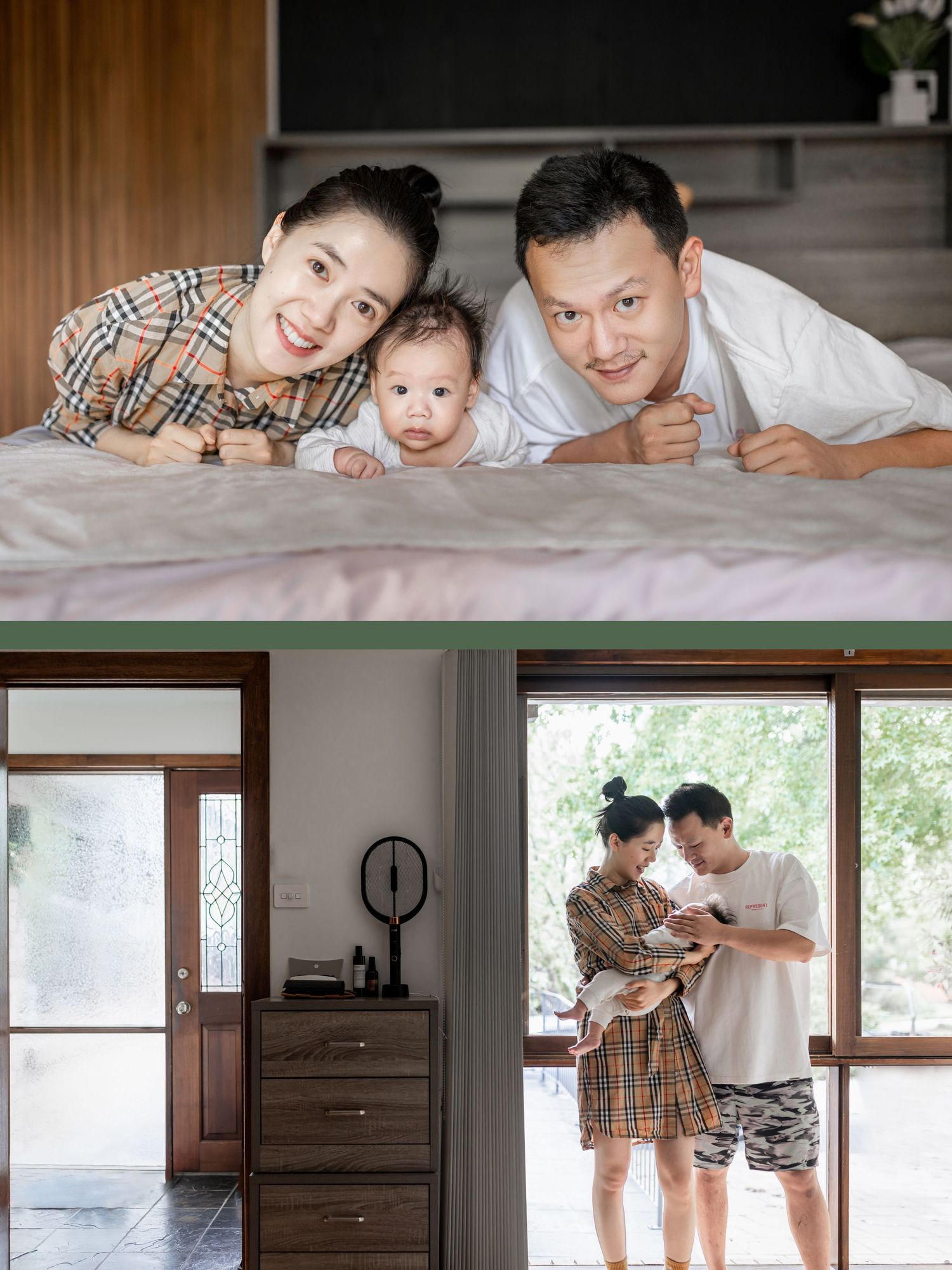 Happy family of three poses on a white bed, with parents holding their infant baby.