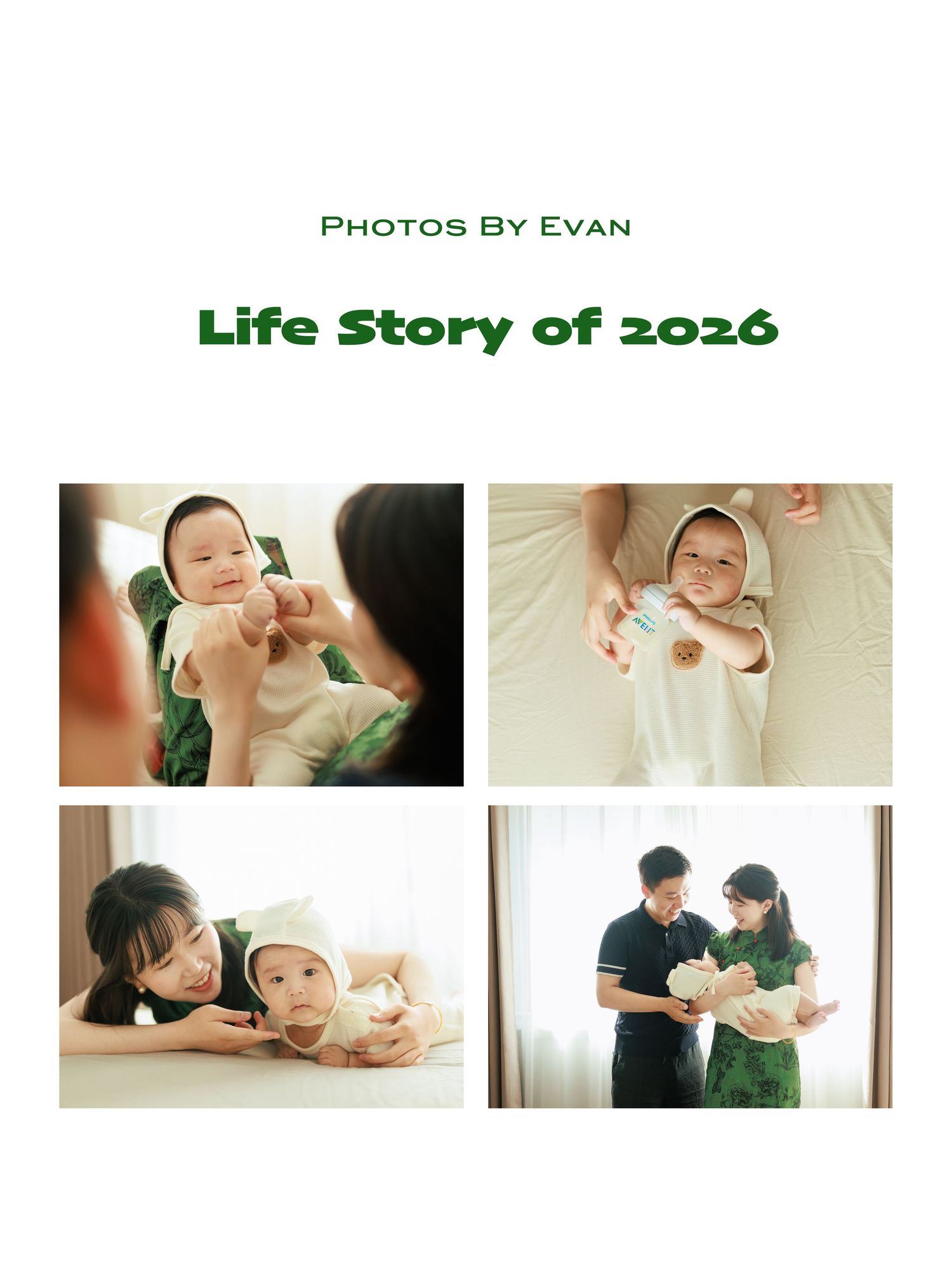 Life Story of 2026 photo collage featuring Asian family with newborn baby, by Photos By Evan.