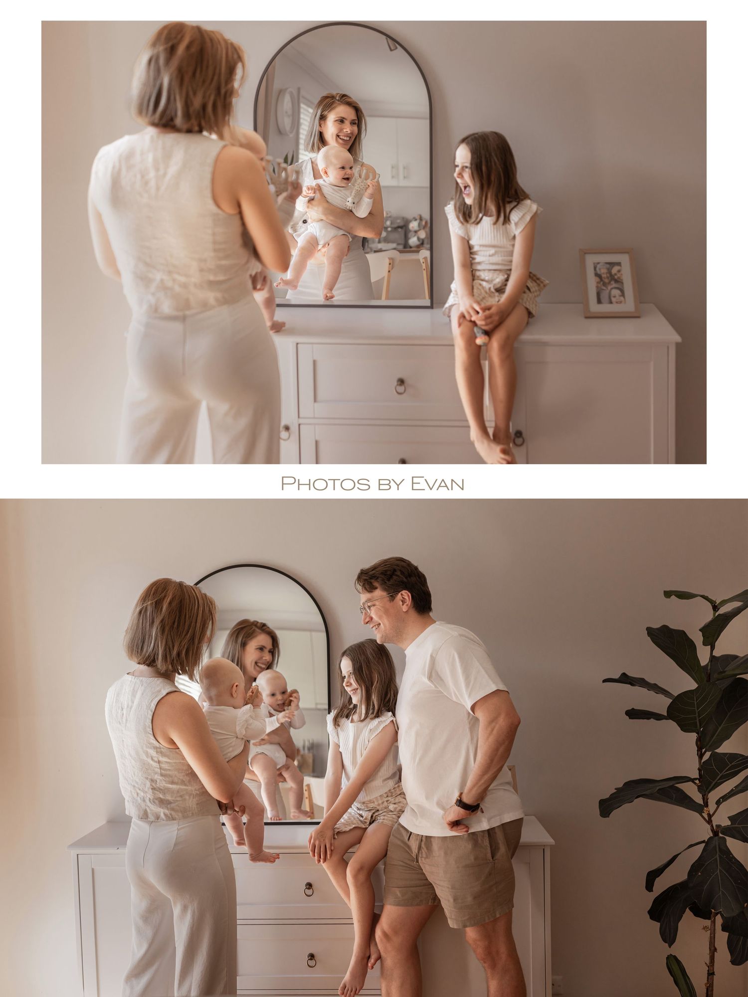 Family portrait session with parents and children posing near a mirror and dresser in neutral tones.
