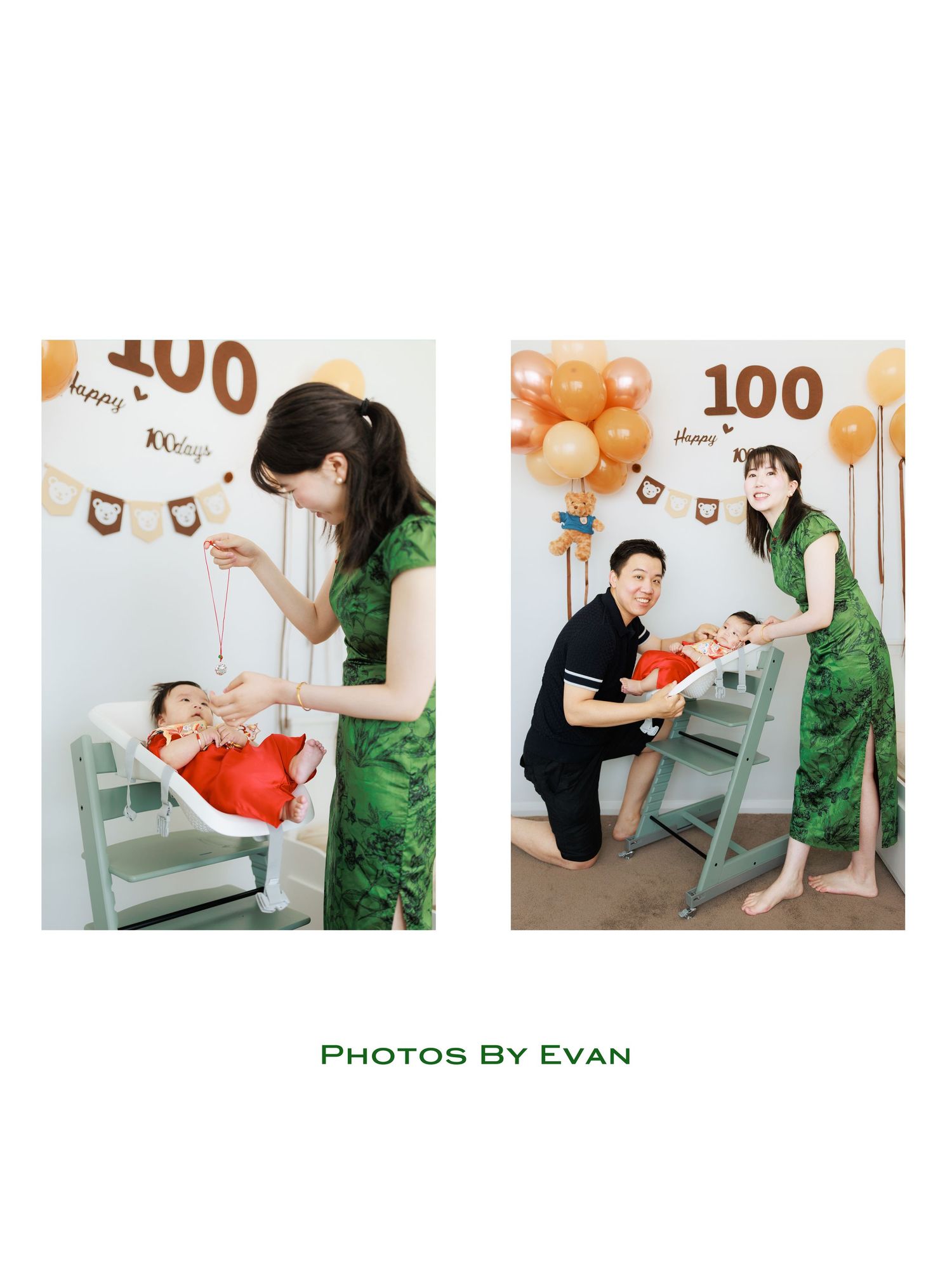 Asian family celebrating baby's 100-day milestone with balloons and decorations, Photos By Evan.