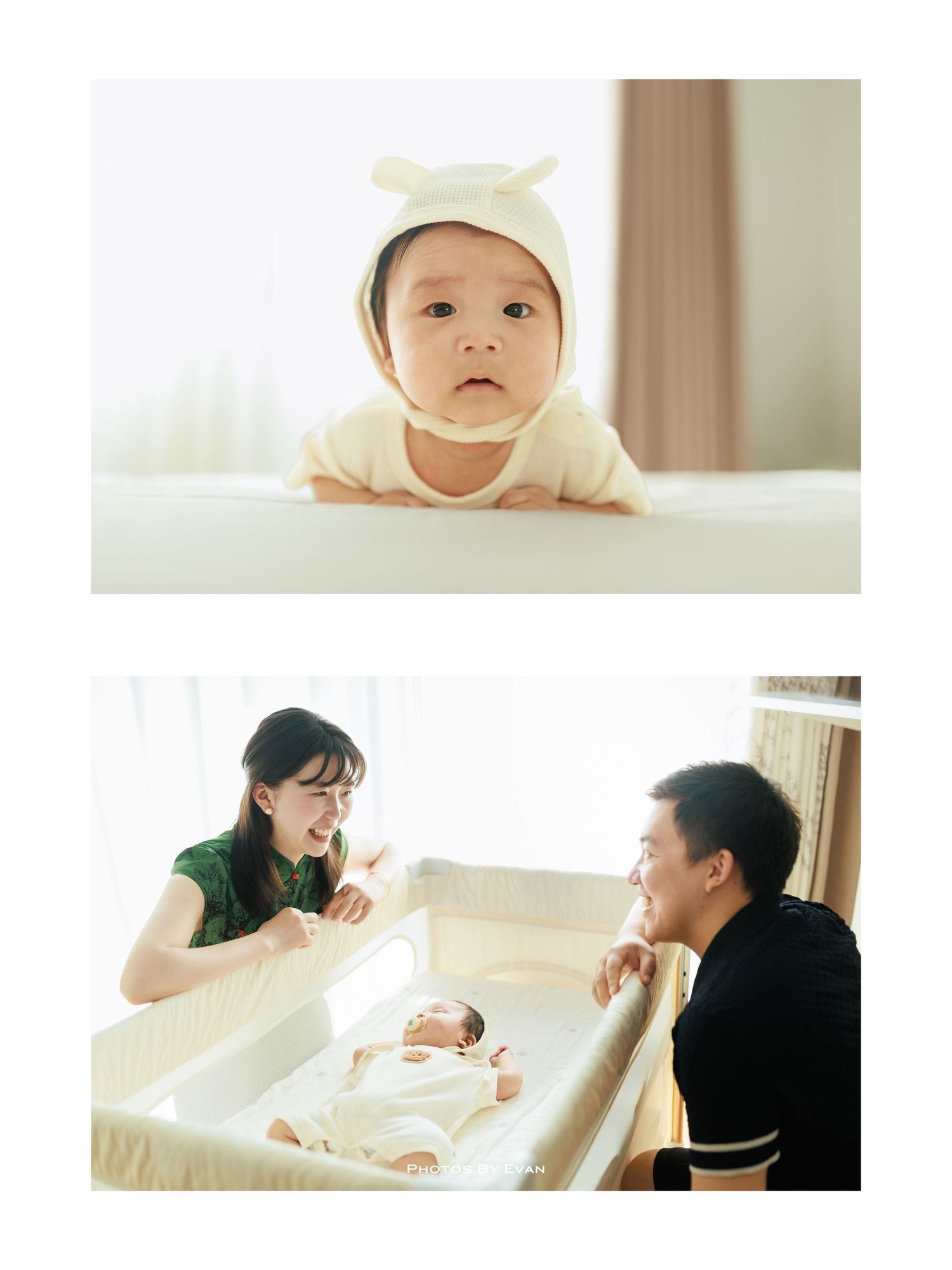 Adorable baby in a bear hat doing tummy time, with parents gazing lovingly at newborn in crib.