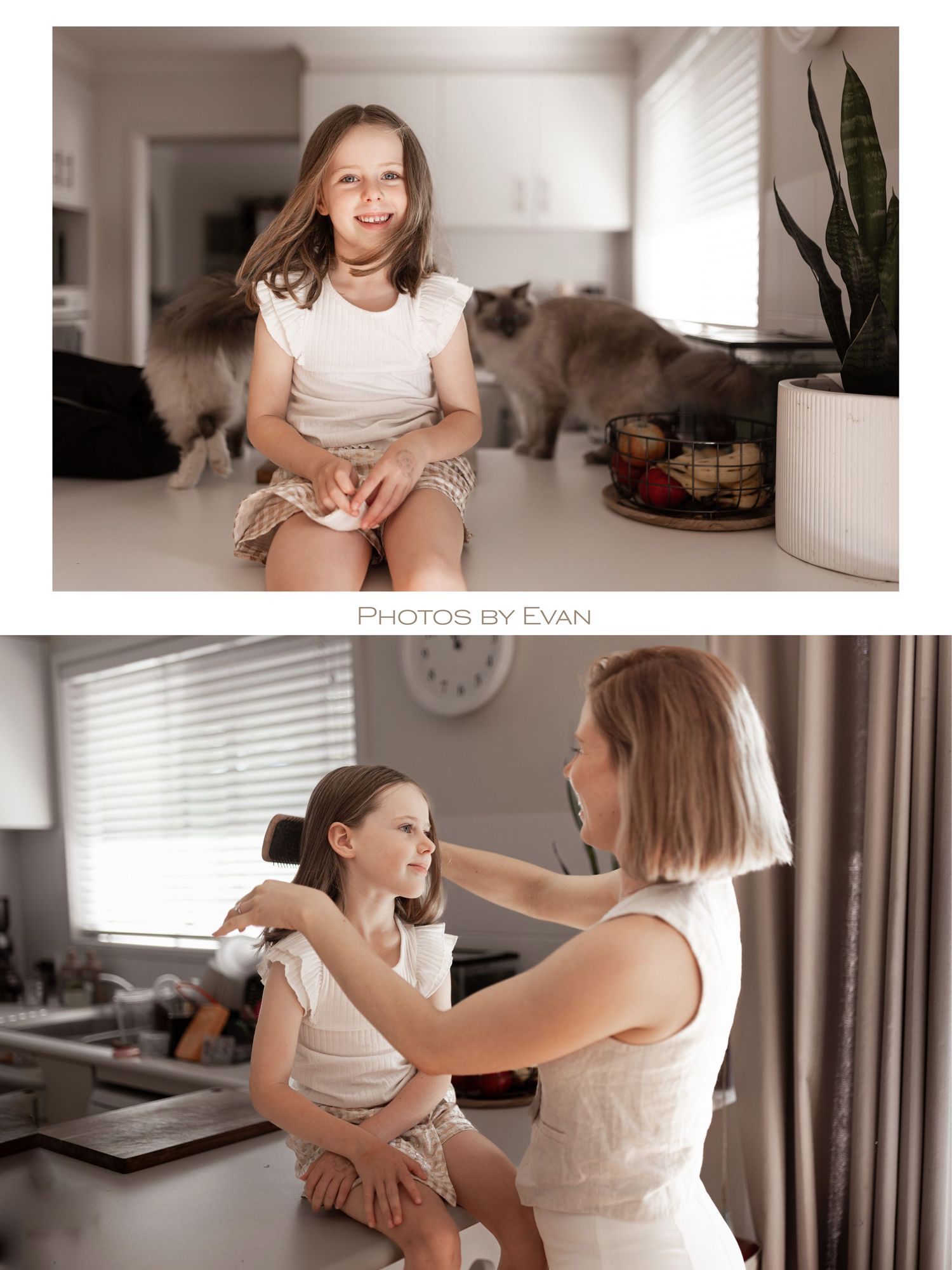 Young girl sitting on a kitchen counter with a fluffy cat nearby while mom tends to her hair.