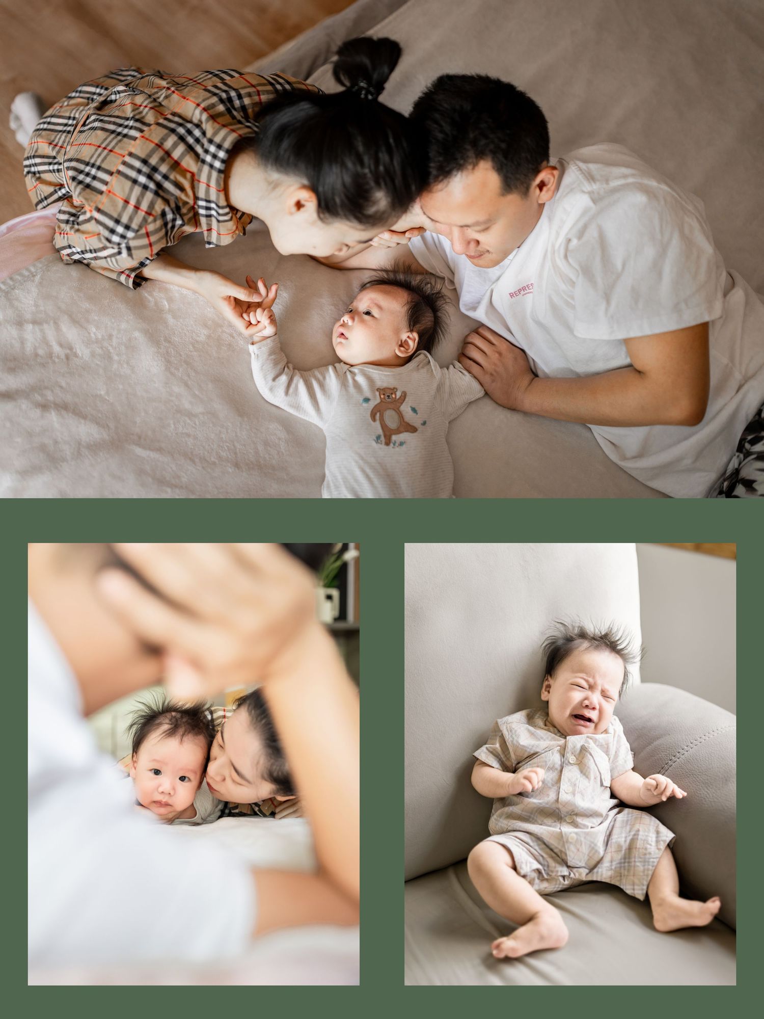 Parents lovingly gaze at their newborn baby lying between them on a bed at home.
